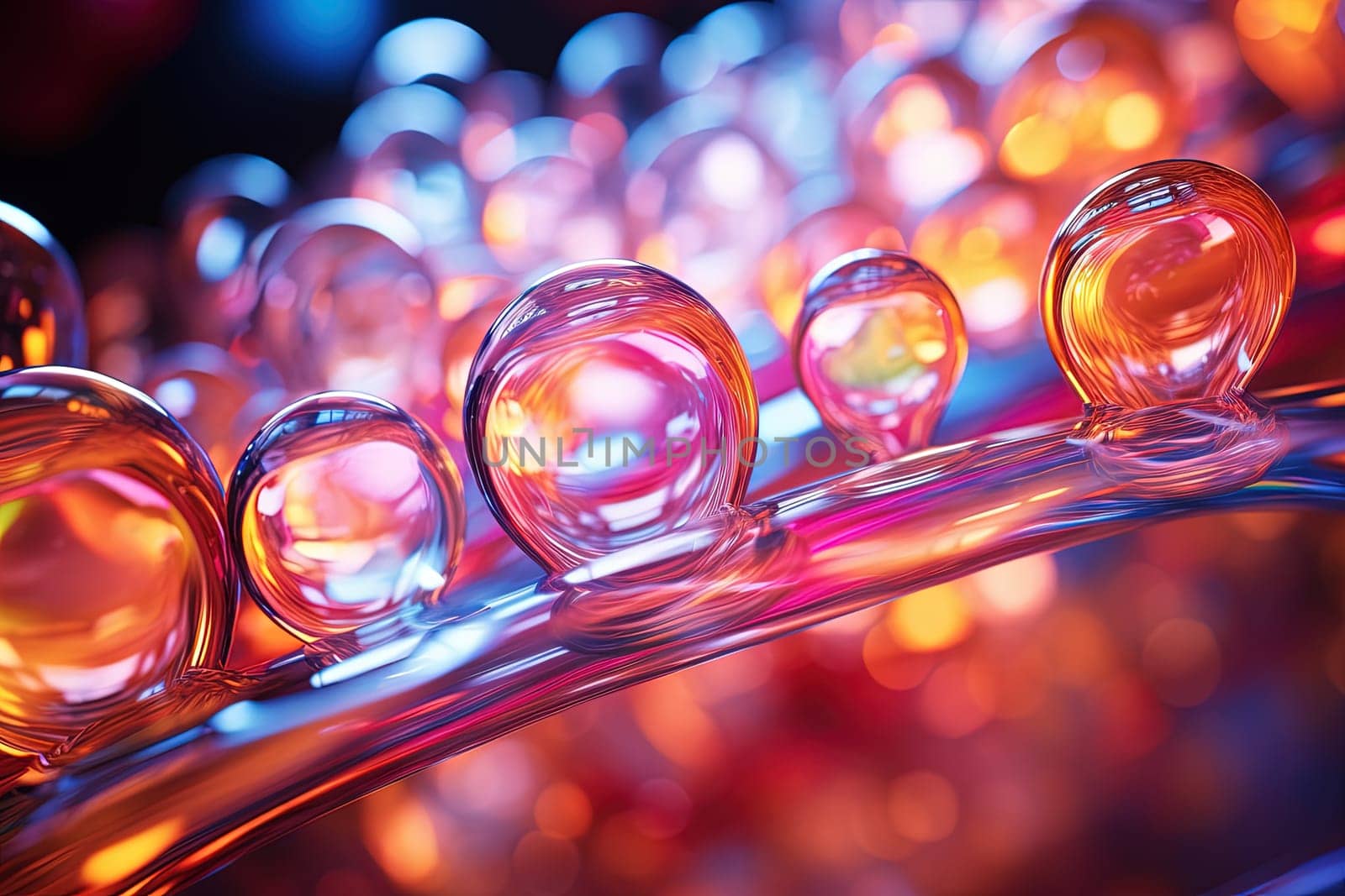 Pink holographic bubbles floating on the soft colorful abstract background in beautiful vivid tones. Generated AI