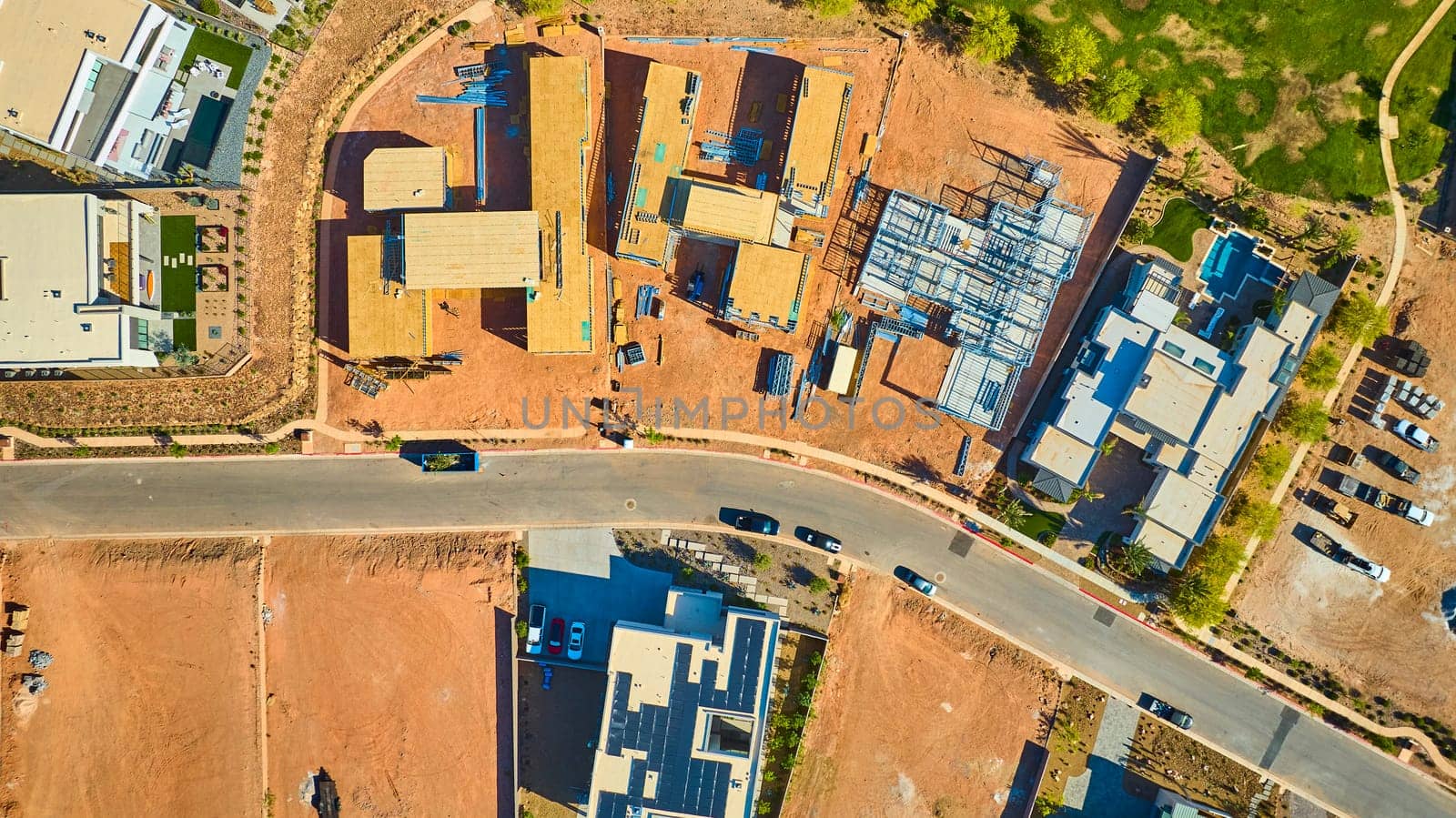 Aerial view of a suburban construction site in Lake Las Vegas Nevada shows new homes rising amid modern residences and open land capturing real estate growth and neighborhood transformation