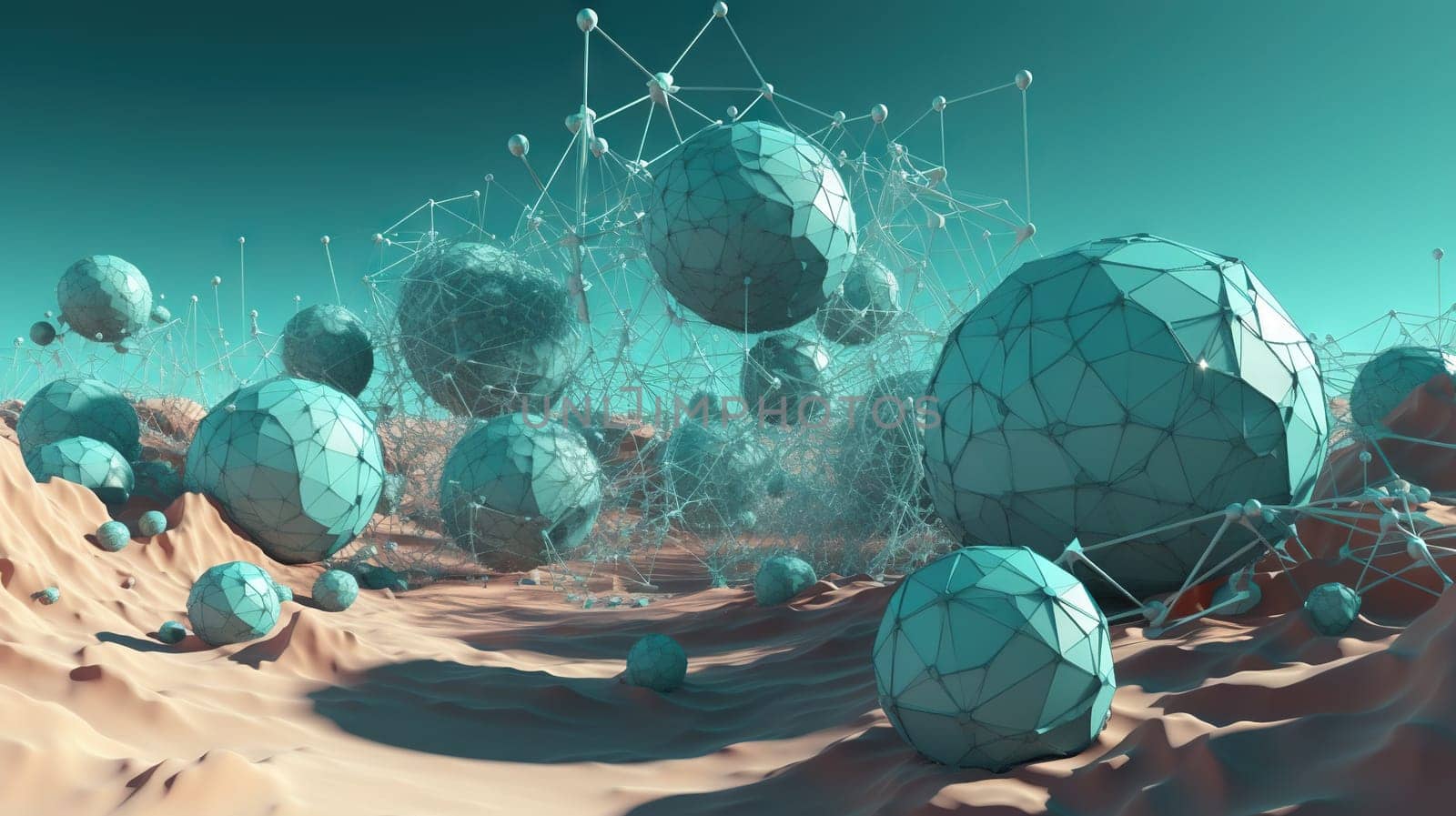 Abstract scfi-fi landscape with connected 3D balls and molecular grid structure. Futuristic surreal abstraction. Generated AI