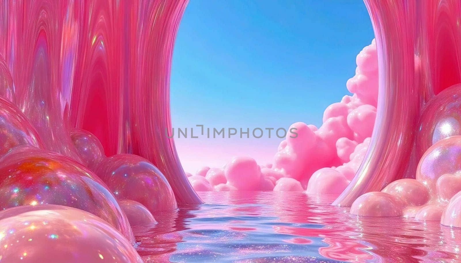 Surreal fantasy 3D landscape with pink iridescent bubble gum of candy shapes, reflecting in a glossy, liquid surface under a bright blue sky. Generated AI.