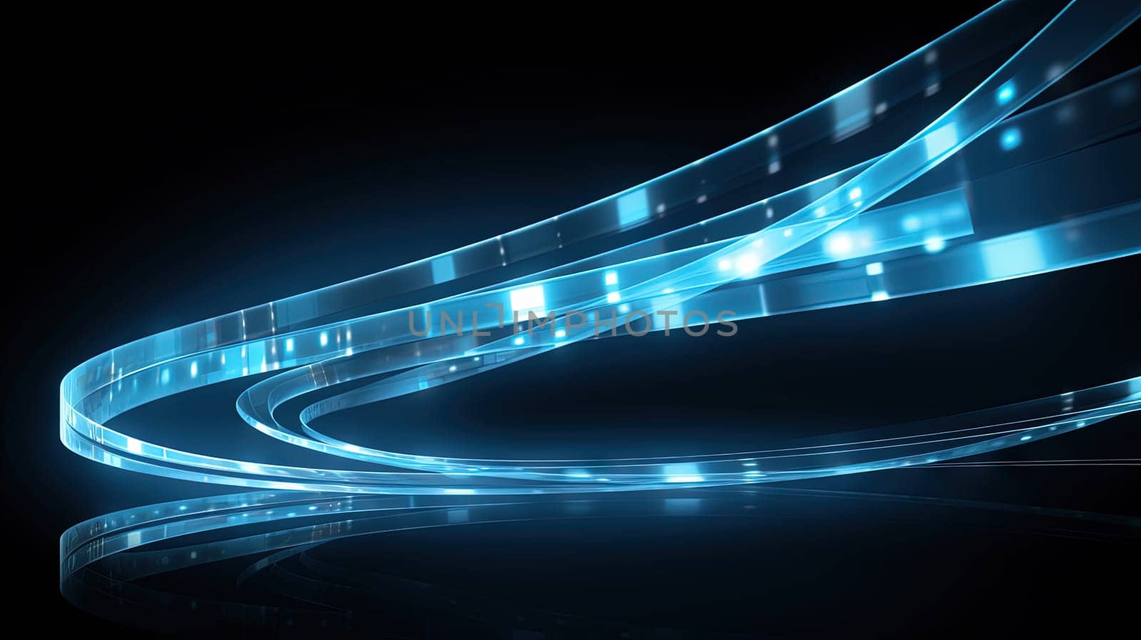 Abstract blue neon light trails and digital waves on dark background for tech and business design themes. Generated AI