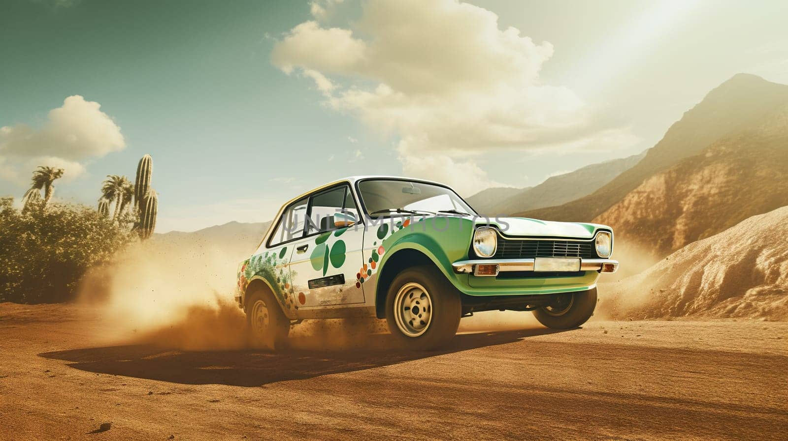 Vintage rally car splashing the dirt in retro 70s styled scene. Generated AI