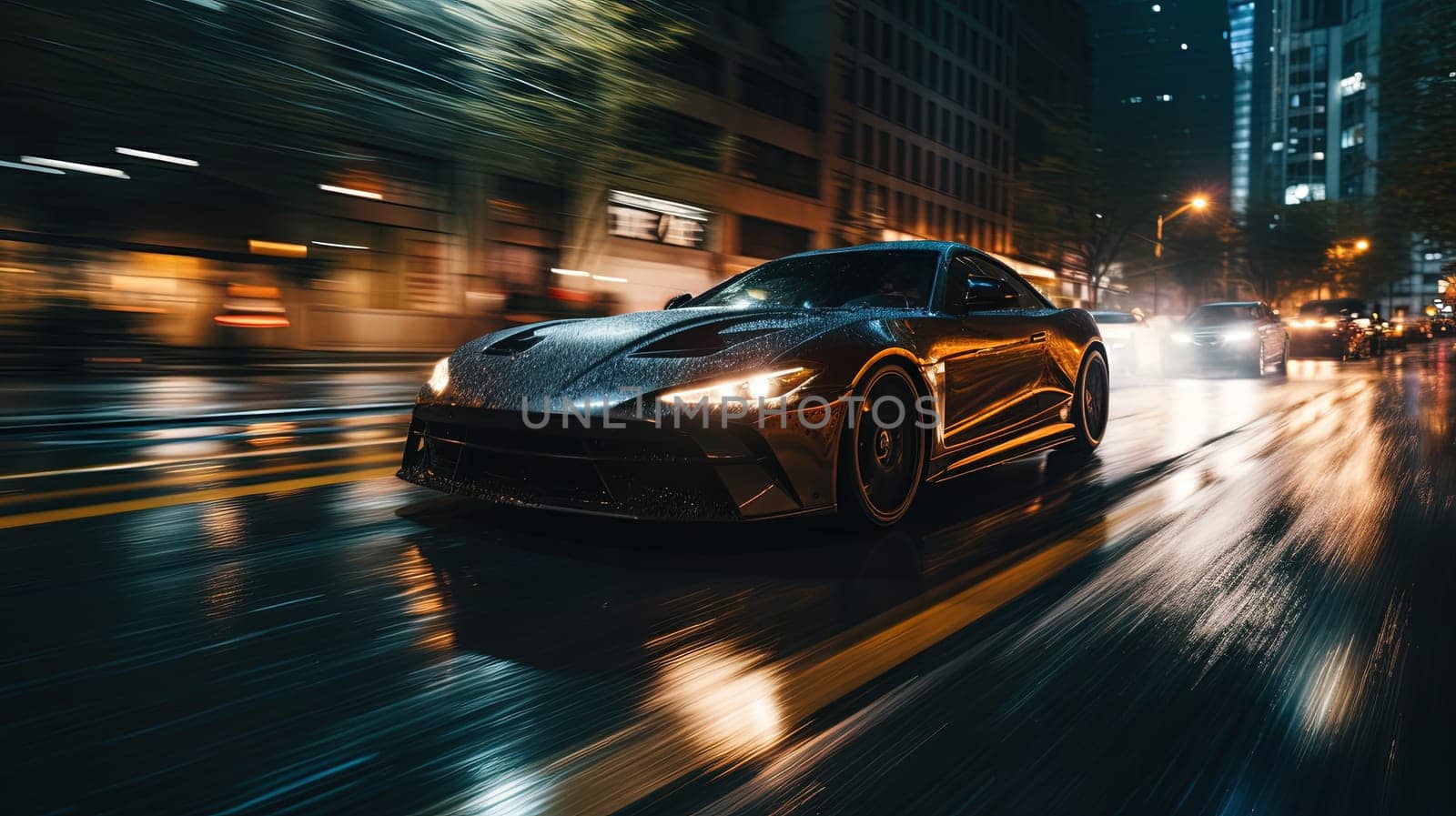 Street racing scene with sport car in neon lights. Speed lines and light trails of night urban drive. Generated AI