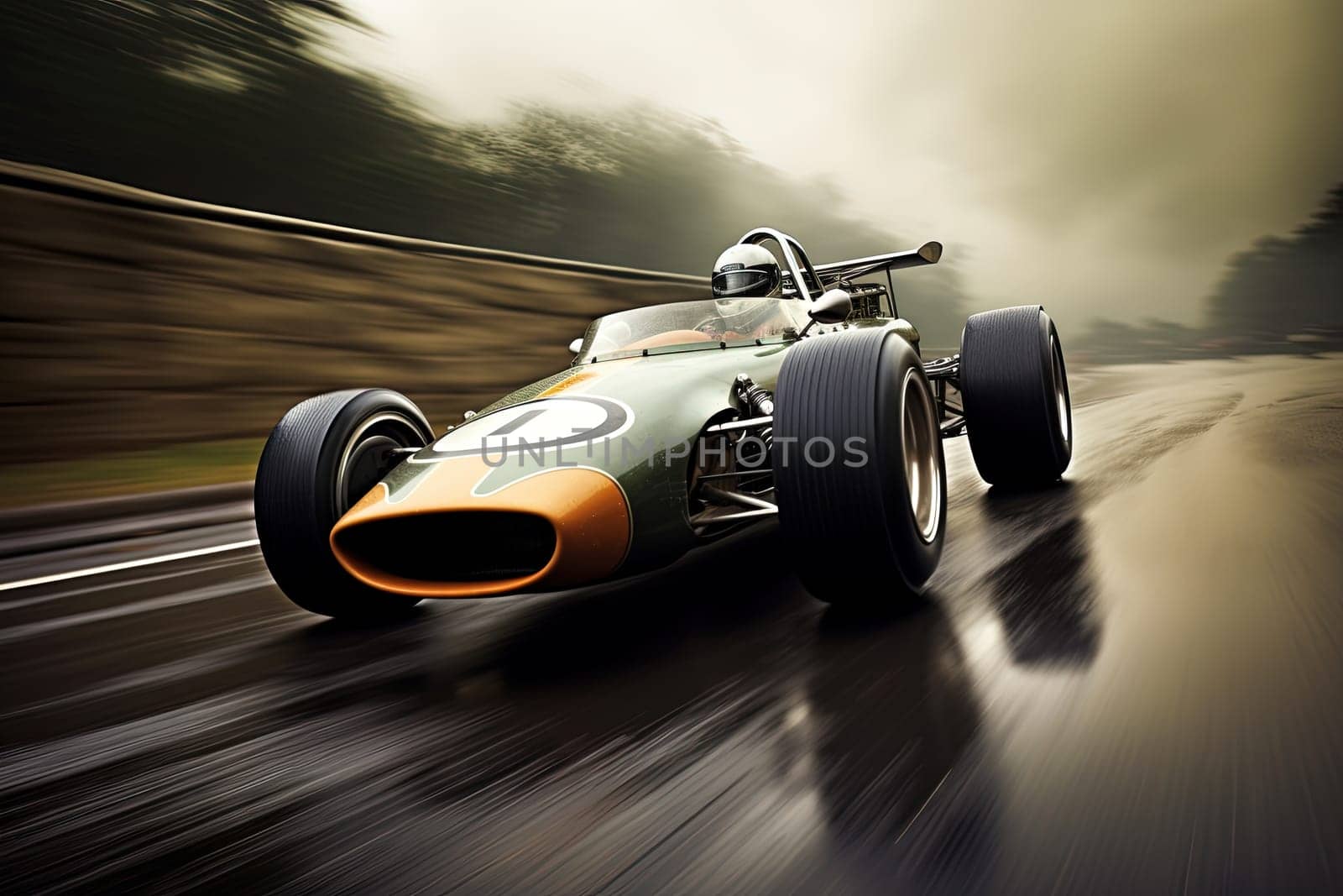Retro racing car on the track. Vintage sport car championship. Generated AI