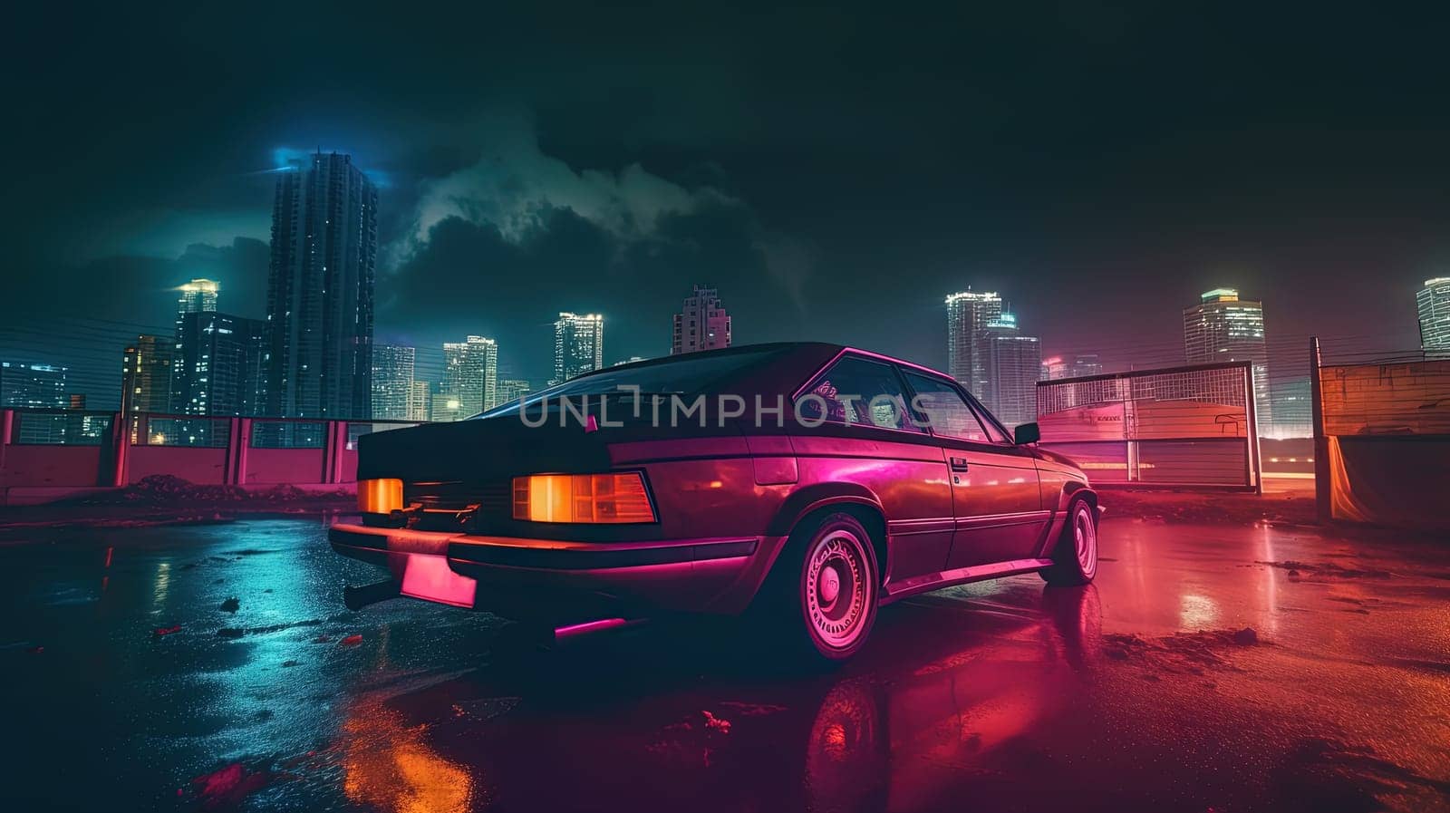 Futuristic car on the cybeprunk street in blue and purple synthwave colors. Cool retro supercar on synthwave street. Generated AI