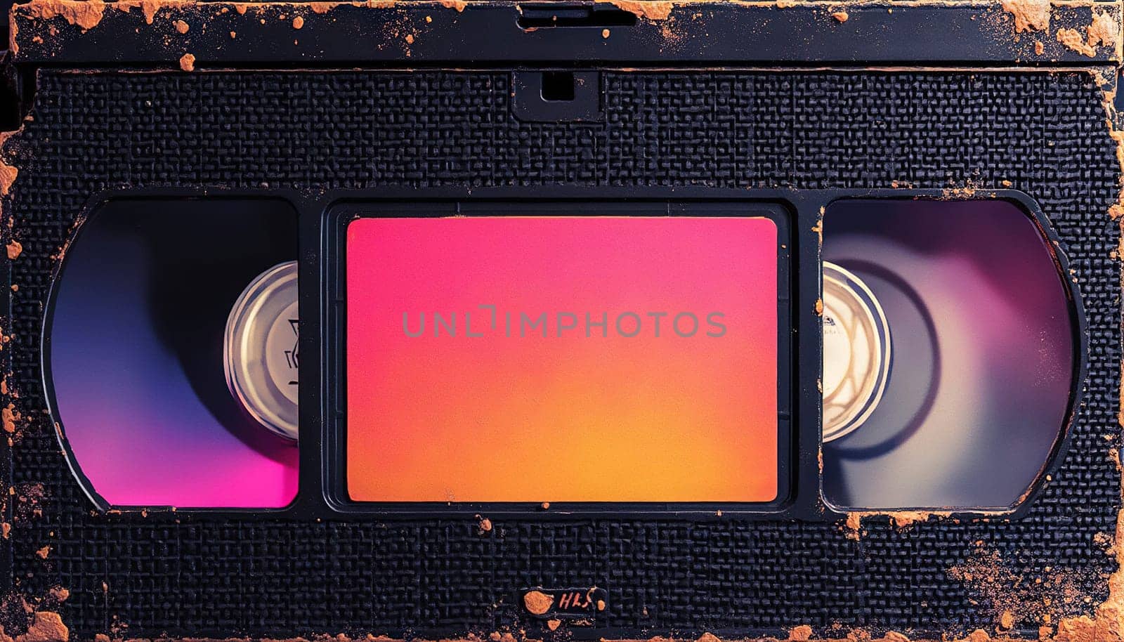 Vintage video cassette with 80s color theme, retro analog tape VHS cassette close up. Generated AI.