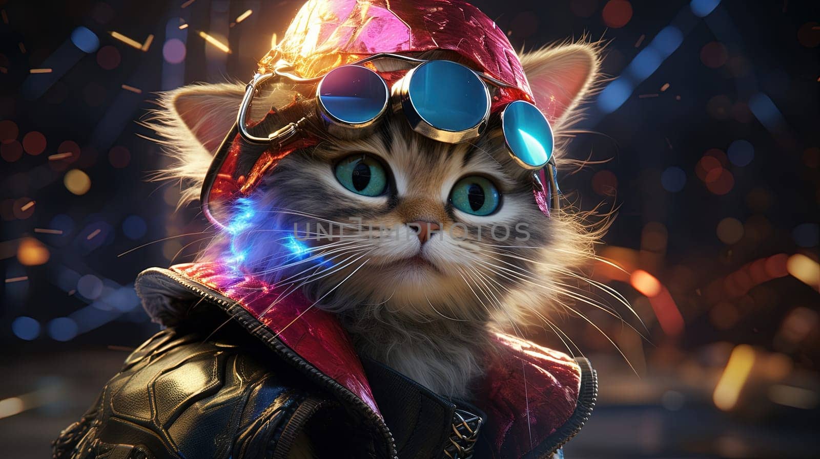 Party cat in neon colors. Funny kitten with holographic hat in 90s style neon lights. Generated AI.