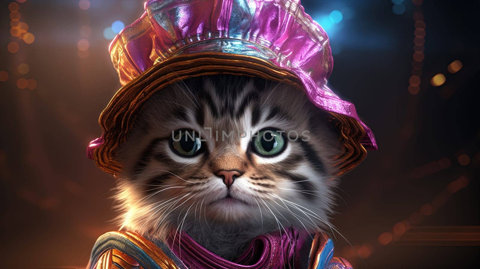 Party cat in neon colors. Funny kitten with holographic hat in 90s style neon lights. Generated AI