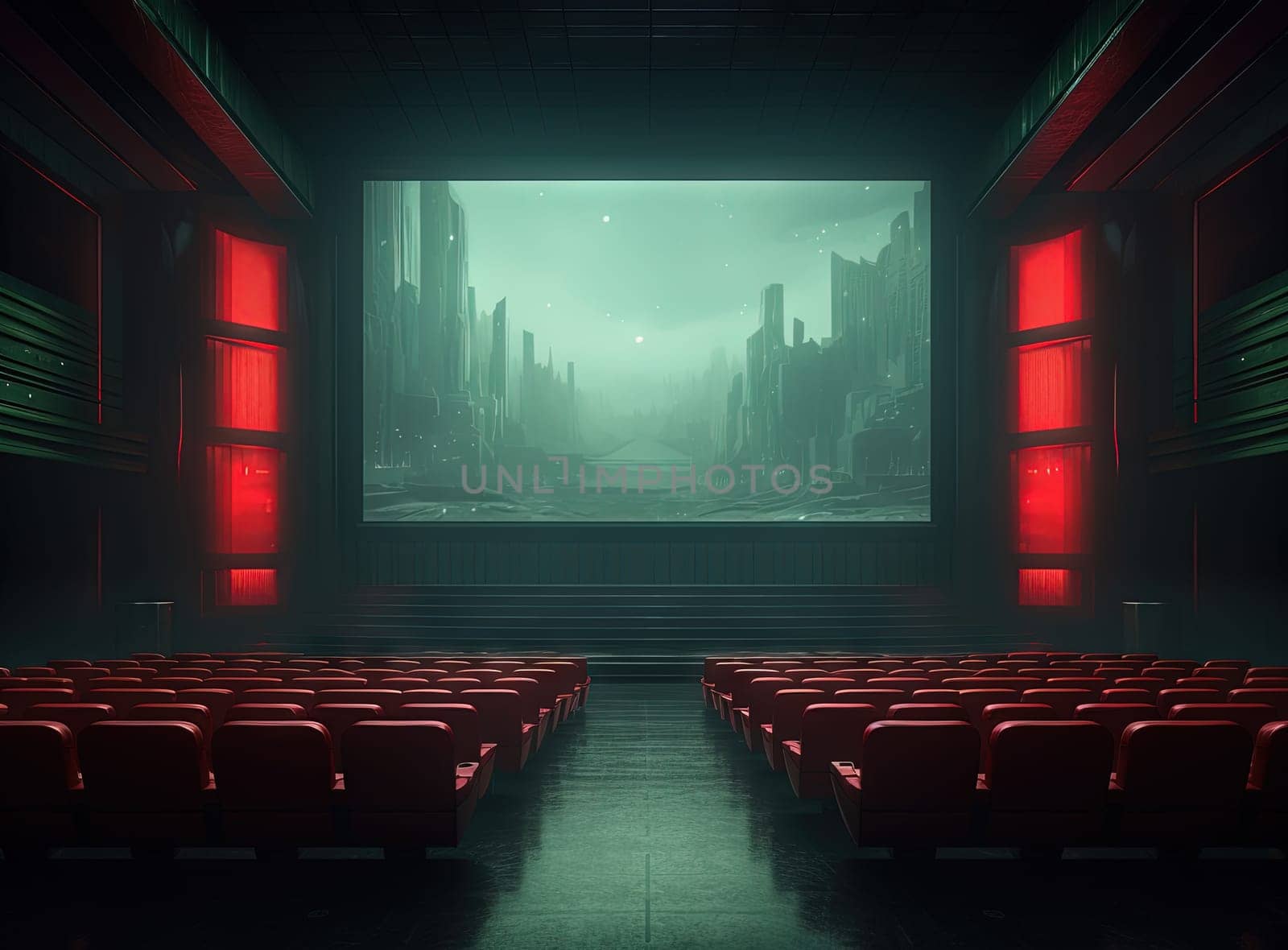 Cinema theater with movie scene on wide screen and empty chairs in the cinema hall. Generated AI.