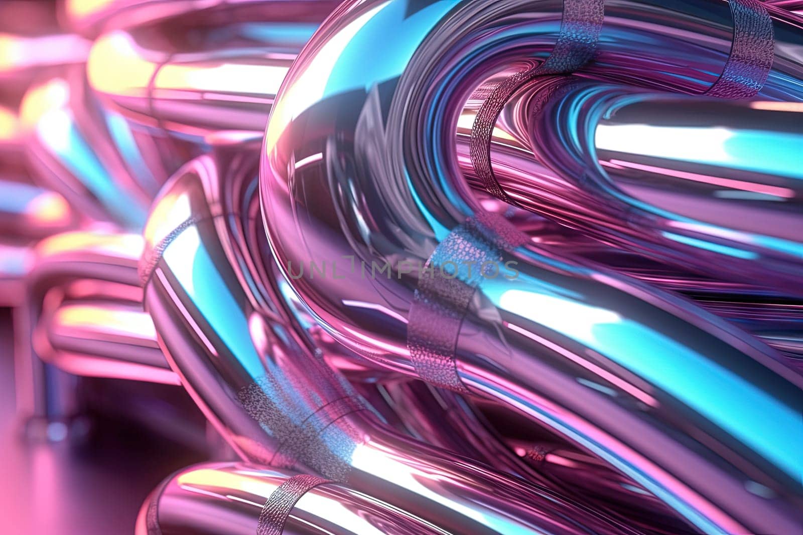Abstract chrome pipes composition. Industry themed background with shiny metallic connected pipes. Generated AI
