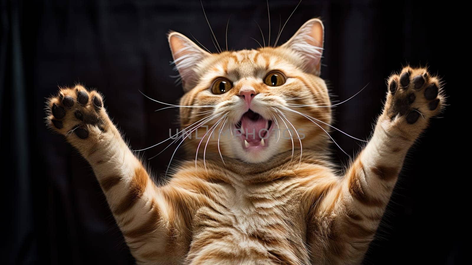 Funny surprised cat with a questioning pose. A cute kitten asks in surprise where the treats are. Generated AI
