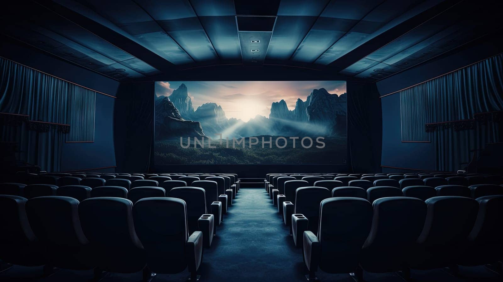 Cinema theater with movie scene on wide screen and empty chairs in the cinema hall. Generated AI.