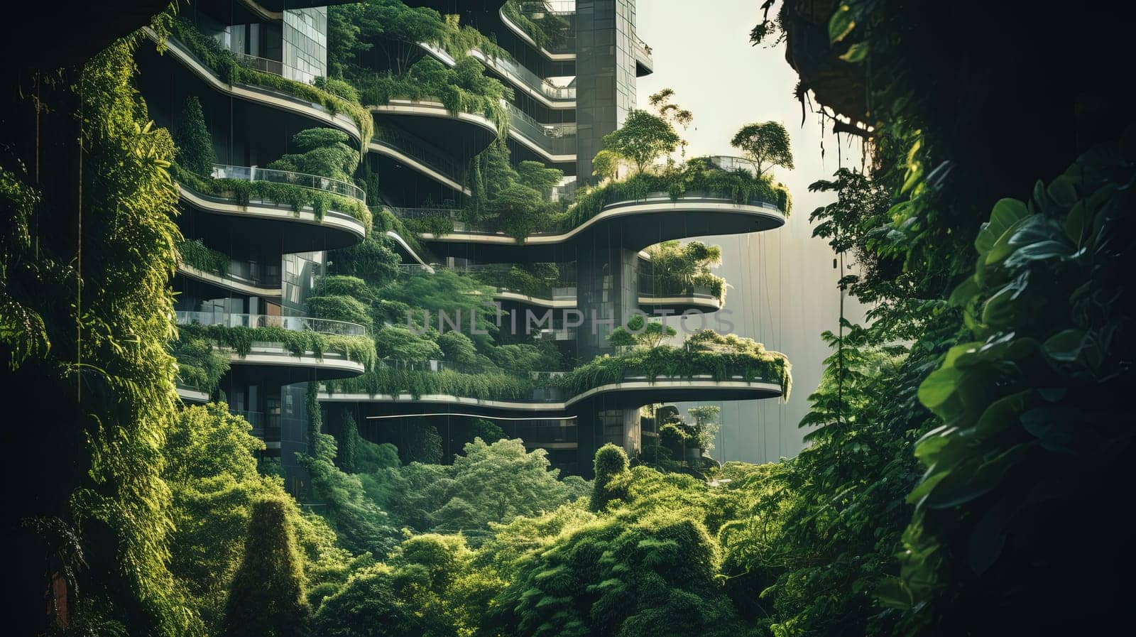 Retro futuristic cityscape flooded with green plants. Green technology. Environmental technology concept. Sustainable development goals. Generated AI.