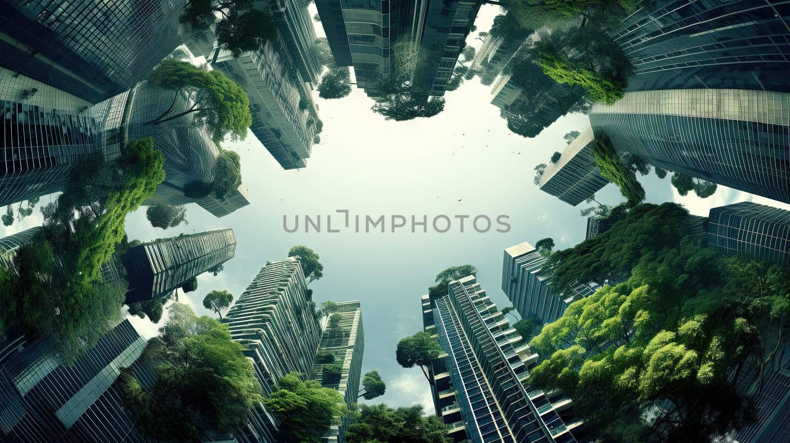 Retro futuristic cityscape flooded with green plants. Green technology. Environmental technology concept. Sustainable development goals. Generated AI.