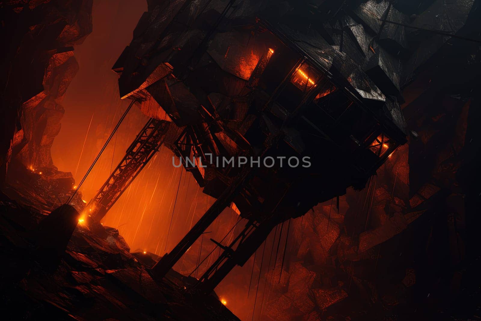 Hot underground mine with machinery for resource extraction. Industrial background with coal mine. Generated AI