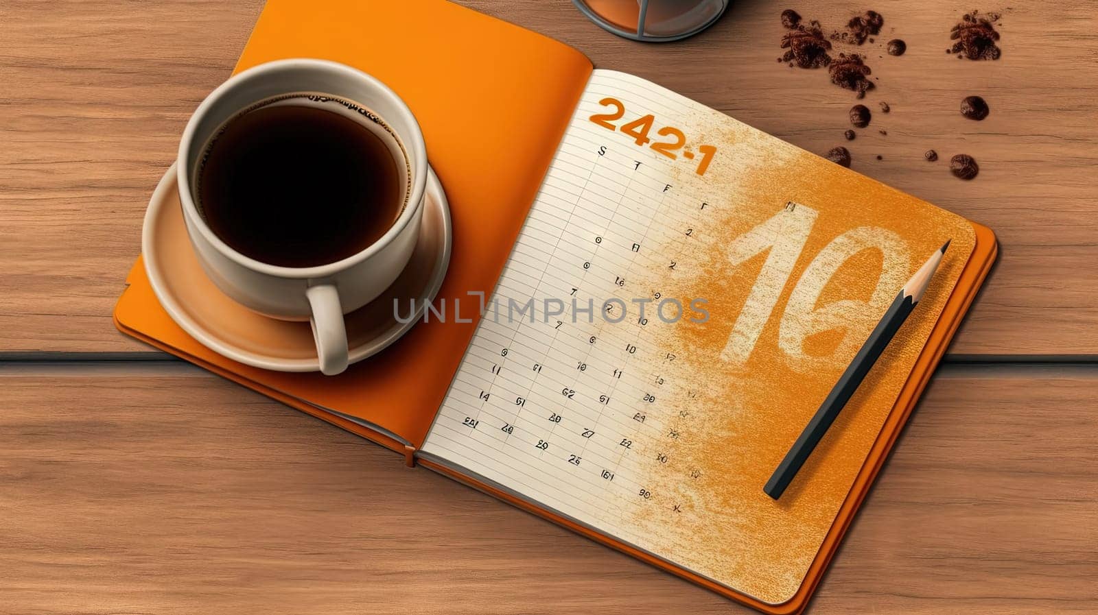 Cup of coffee and notepad with pen composition, top view. Generated AI