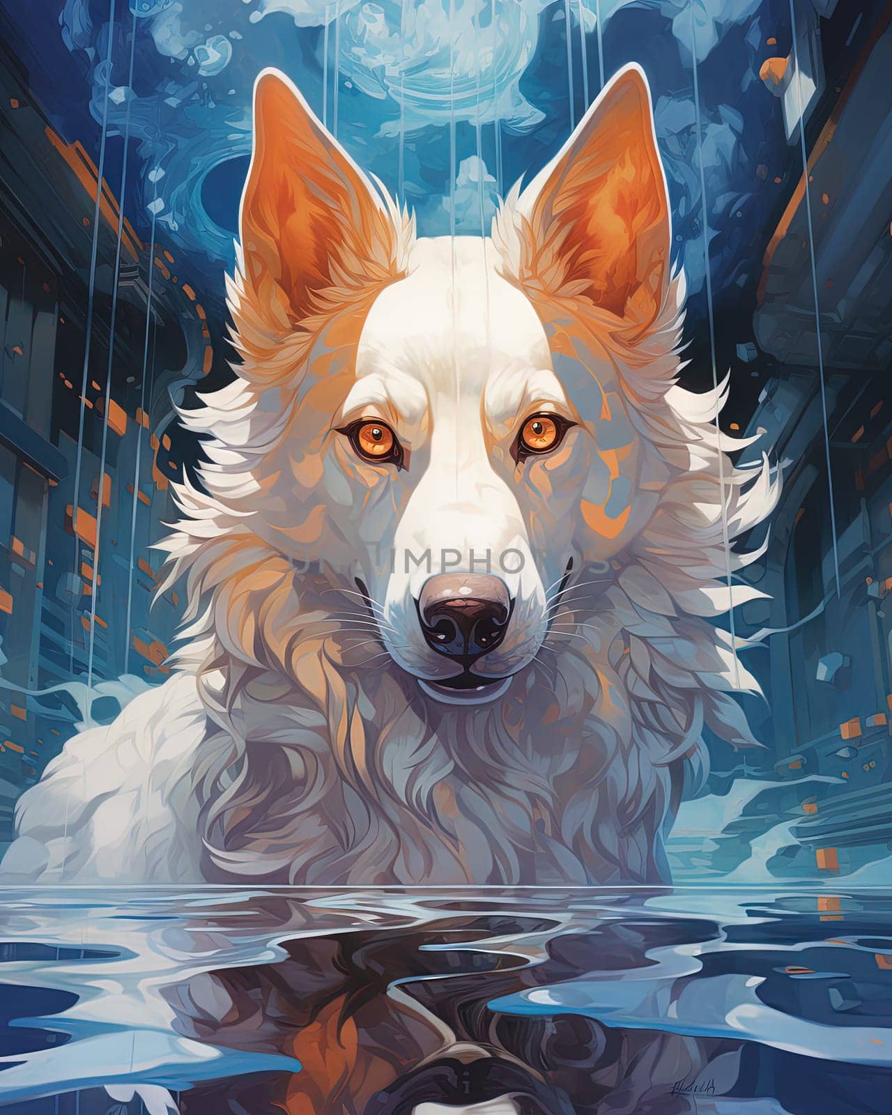 White dog in pool in artistic 3D style, digital art surrealism. Generated AI.
