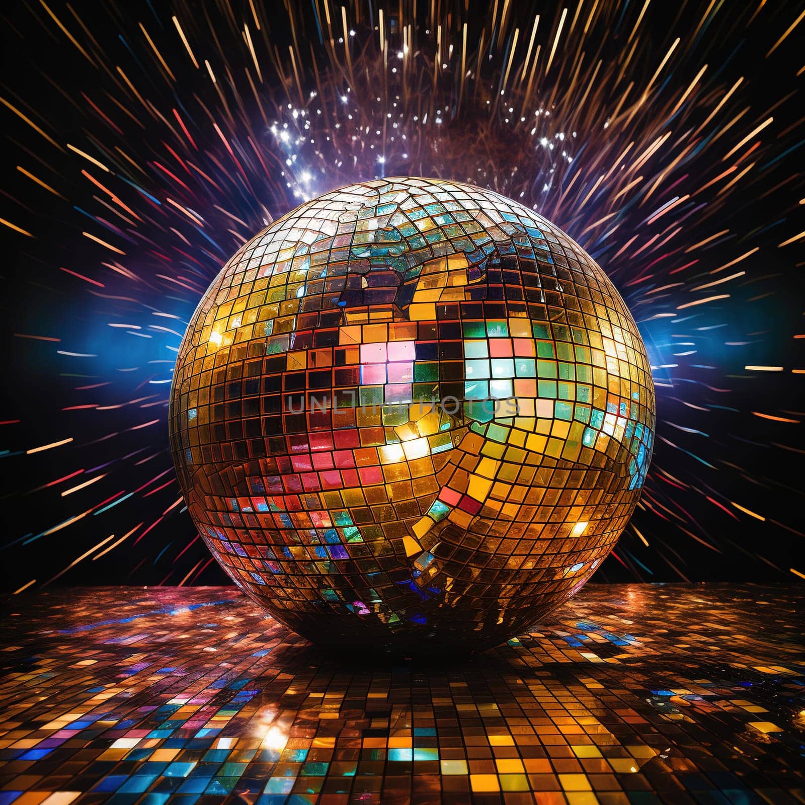 Disco ball with party illumination glow. 80s styled disco party mirror ball. Generated AI