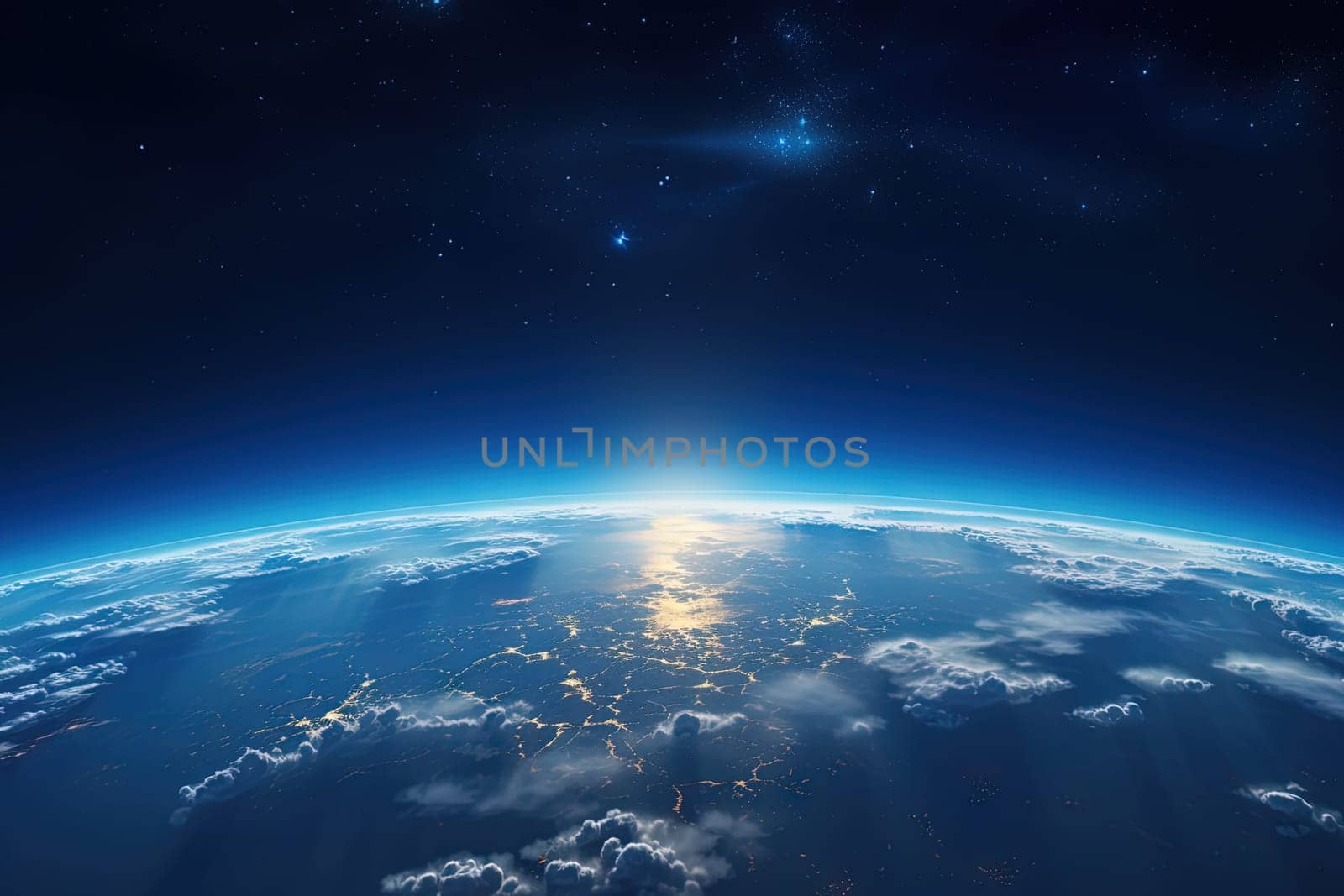 Earth horizon view from space. Satellite or plane view of the planet from stratosphere. Generated AI