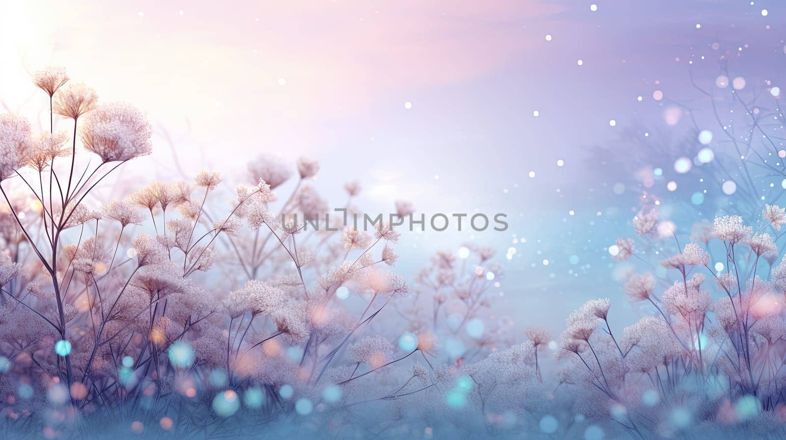 Abstract blurred background with flowers in the cold garden. Generated AI