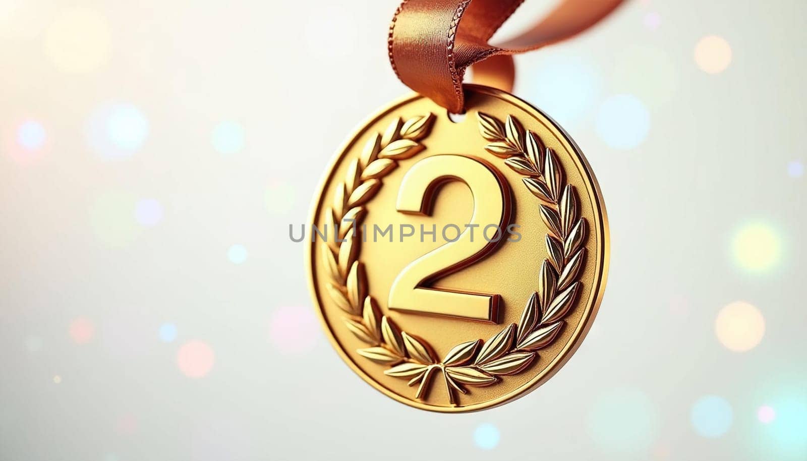 Golden second place medal with laurel wreath detail and ribbon. Generated AI.