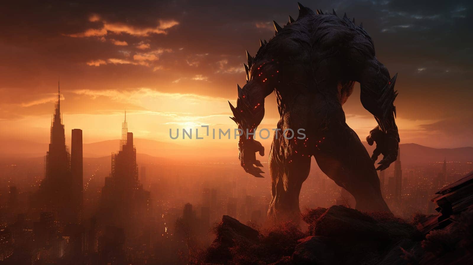 Giant monster over the destroyed city. Mythical giant attack. Generated AI