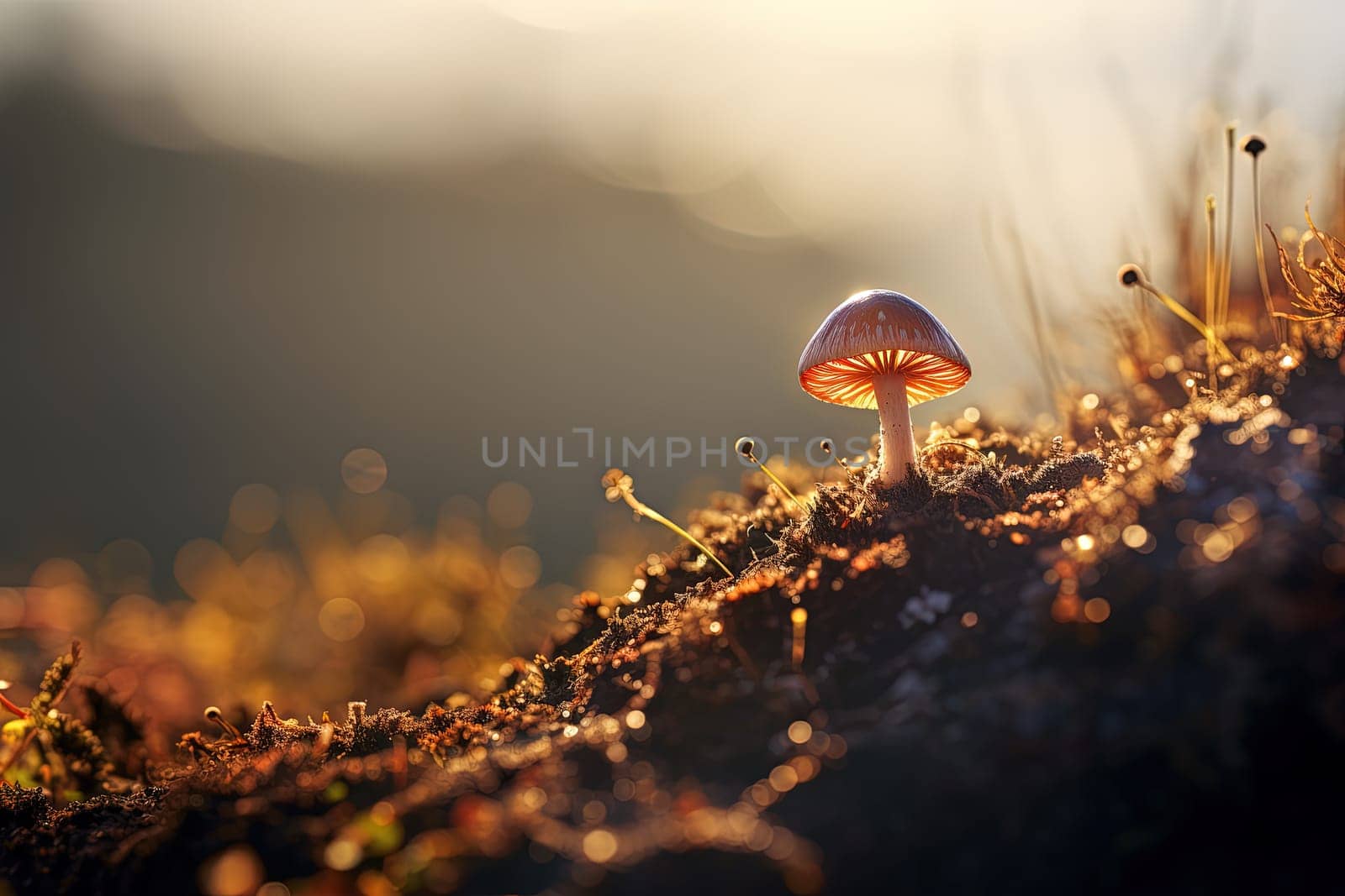 Beautiful mushroom on the sunny bump. Fairytale background with mystic mushroom. Generated AI