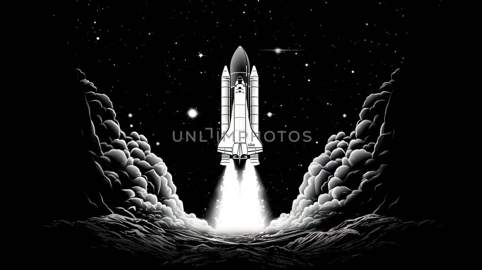 Rocket launch scene in retro black and white style. Rocket take off illustration. Generated AI