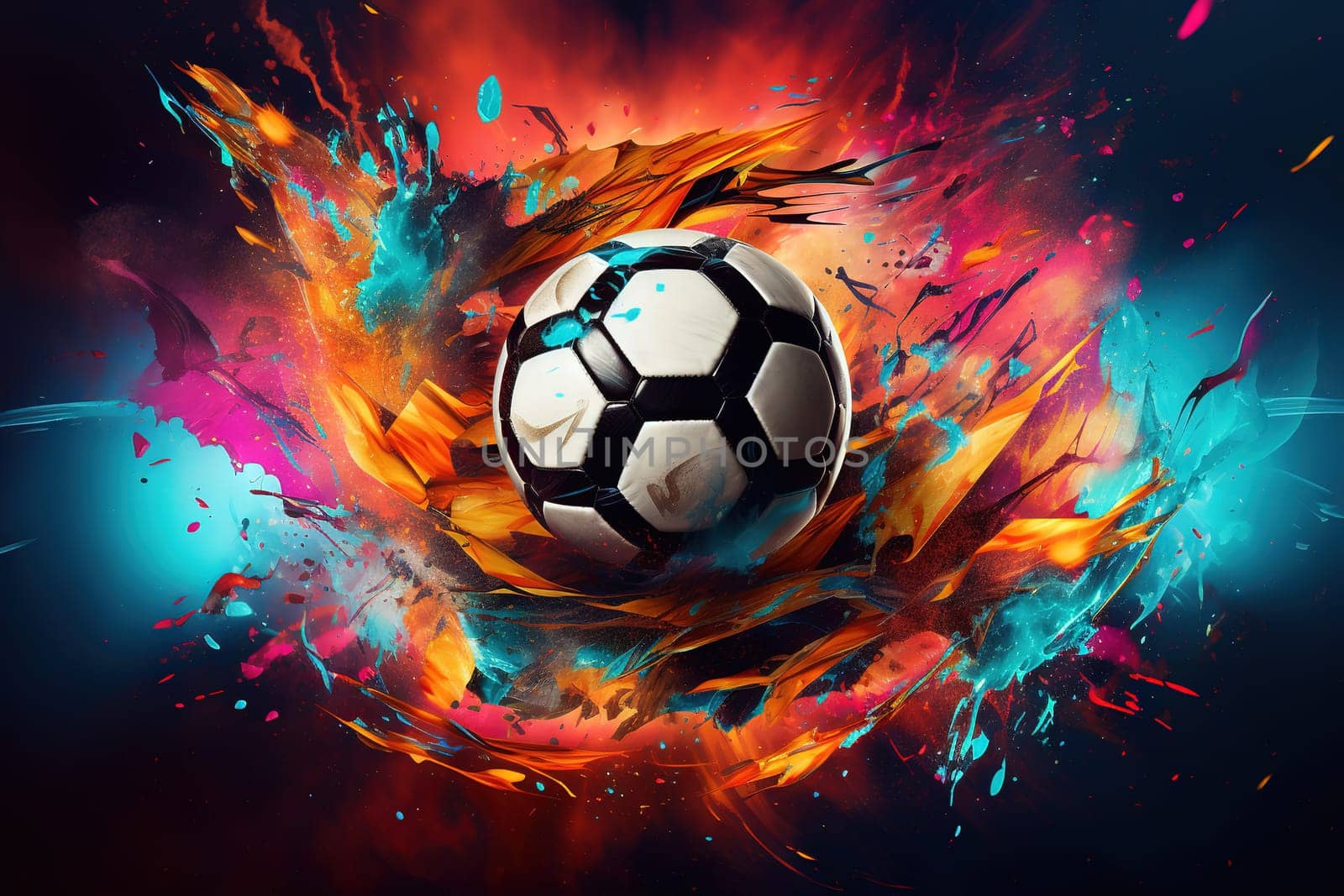Soccer or football ball poster for championship with hot fire trace. Active team sport background. Generated AI.