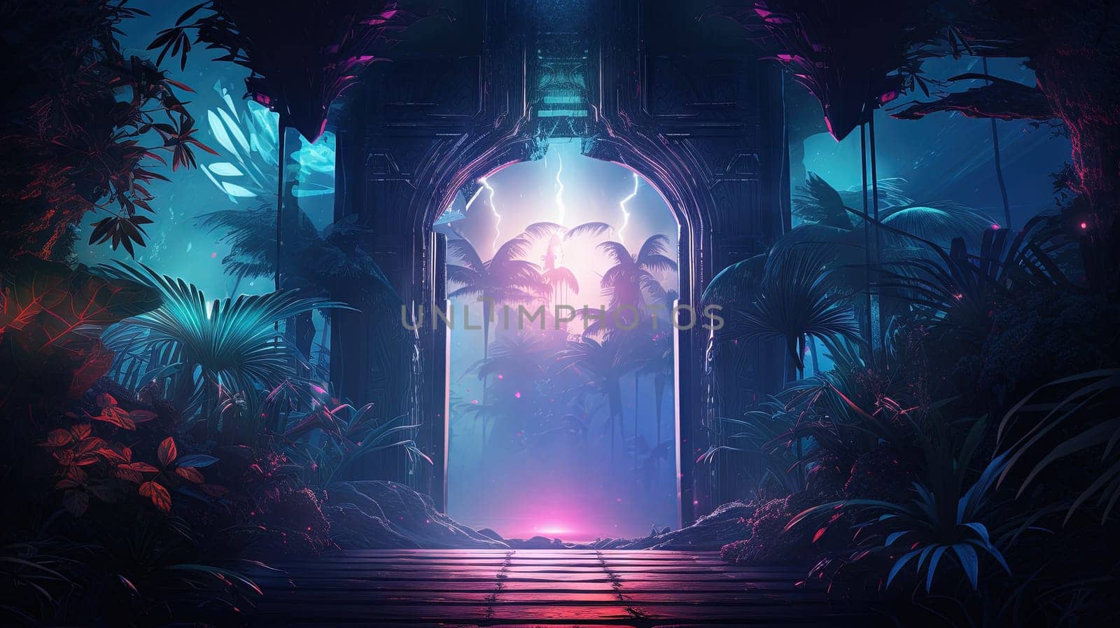 Mysterious door or portal with neon light in the jungle in synthwave style. Generated AI