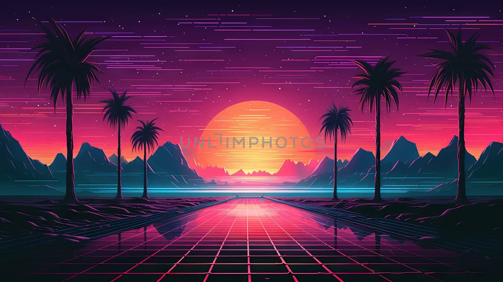 Road to horizon in synthwave style. 80s styled purple and blue synthwave highway landscape. Generated AI