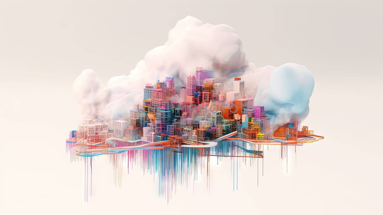 Architectural cloud concept with city structure and connections. Urban private environment and real estate concept. Generated AI