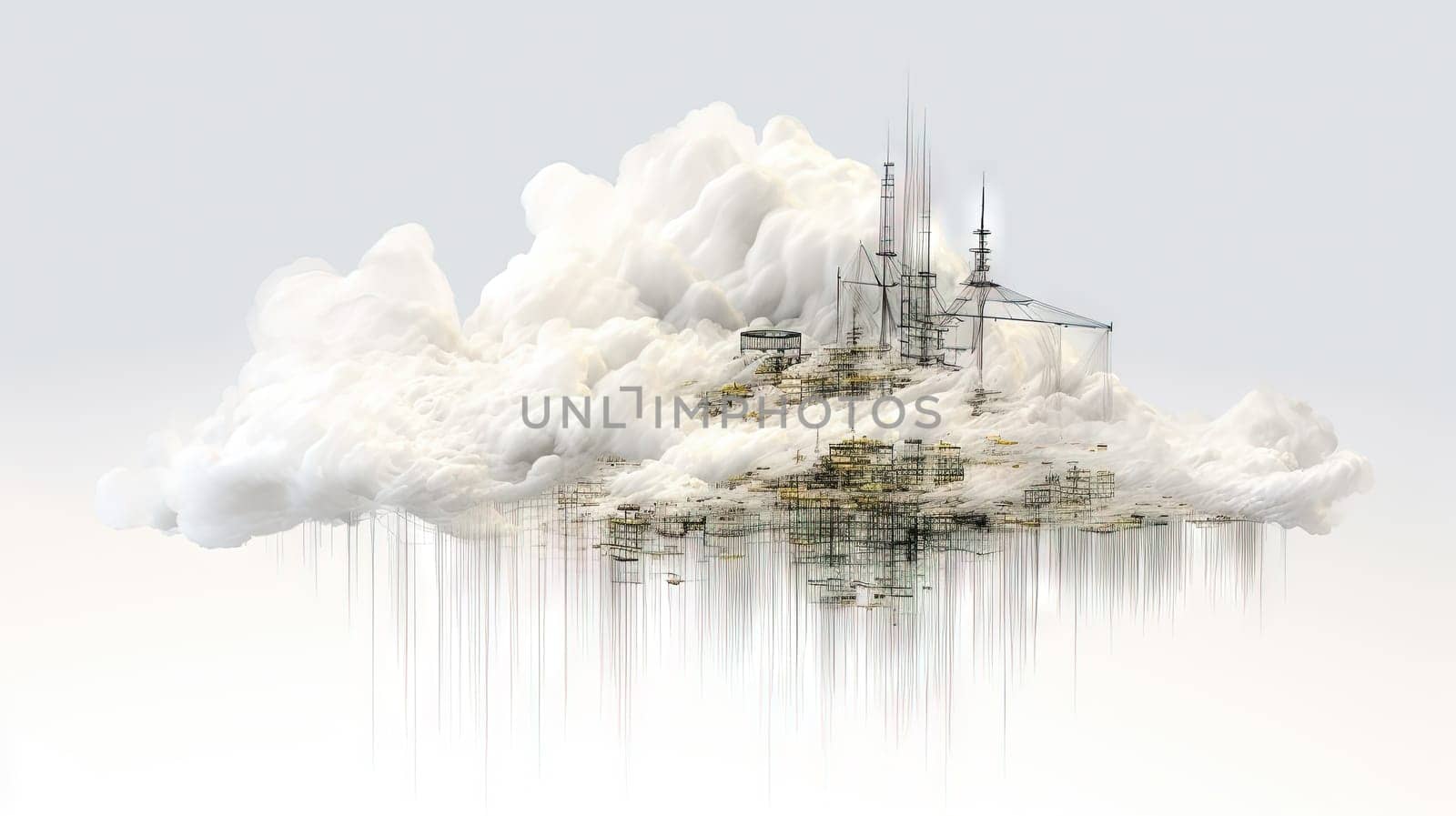 Architectural cloud concept with city structure and connections. Urban private environment and real estate concept. Generated AI