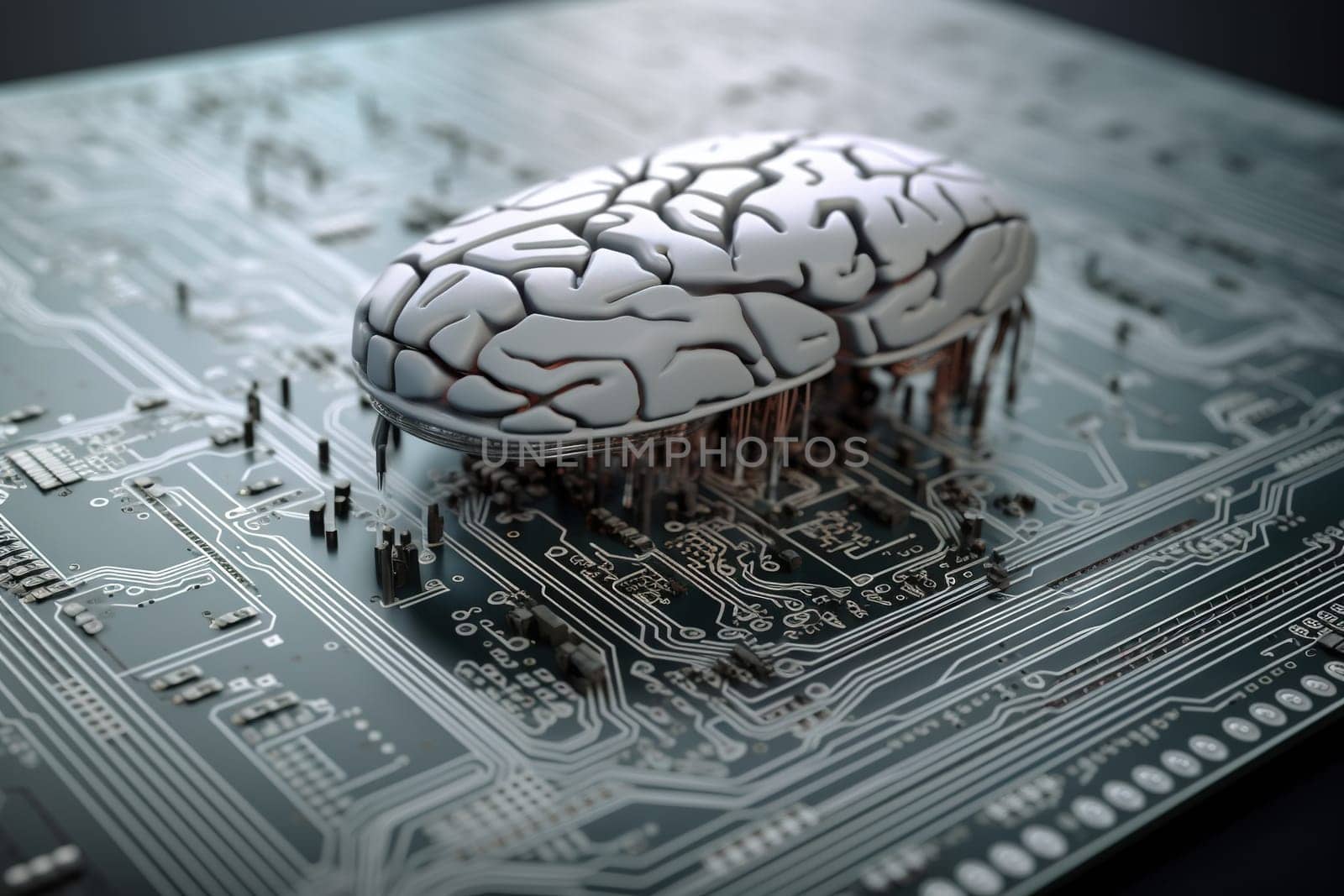 Artificial intelligence science concept with technological AI brain on the circuit board. Generated AI