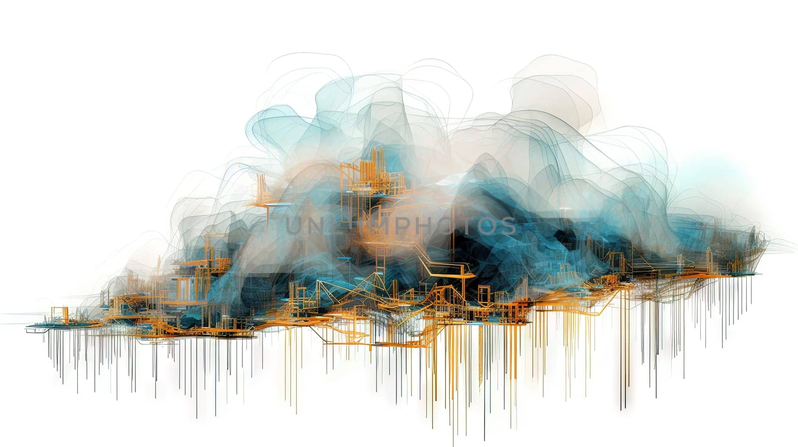 Architectural cloud concept with city structure and connections. Urban private environment and real estate concept. Generated AI
