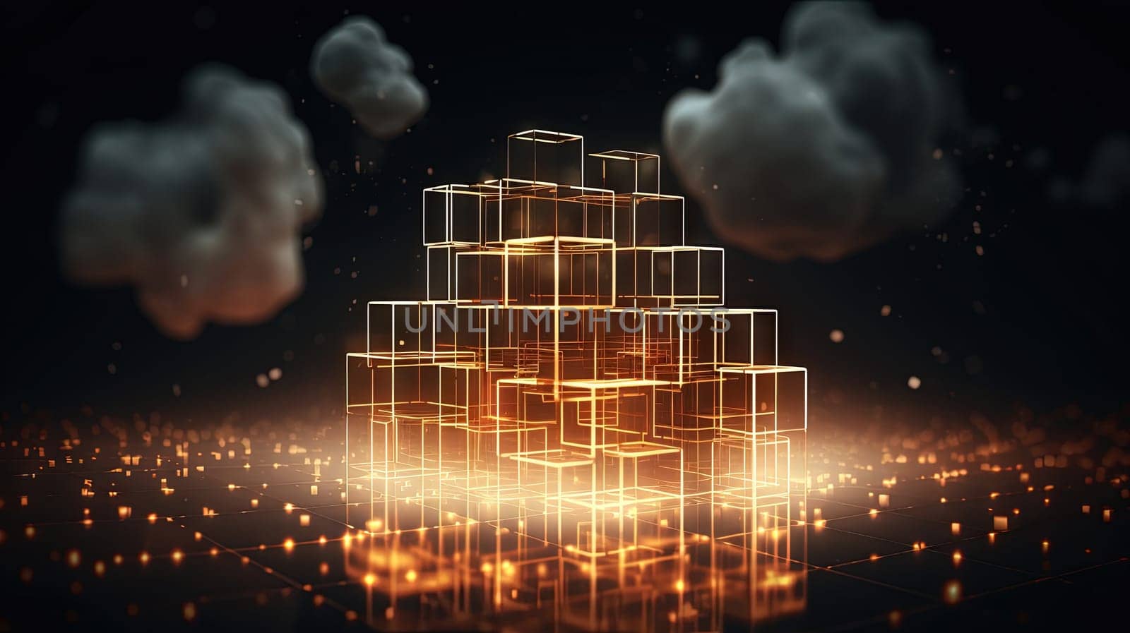 Data cloud structure concept with digital technology cloud sign for online backup and network compute power service. Generated AI