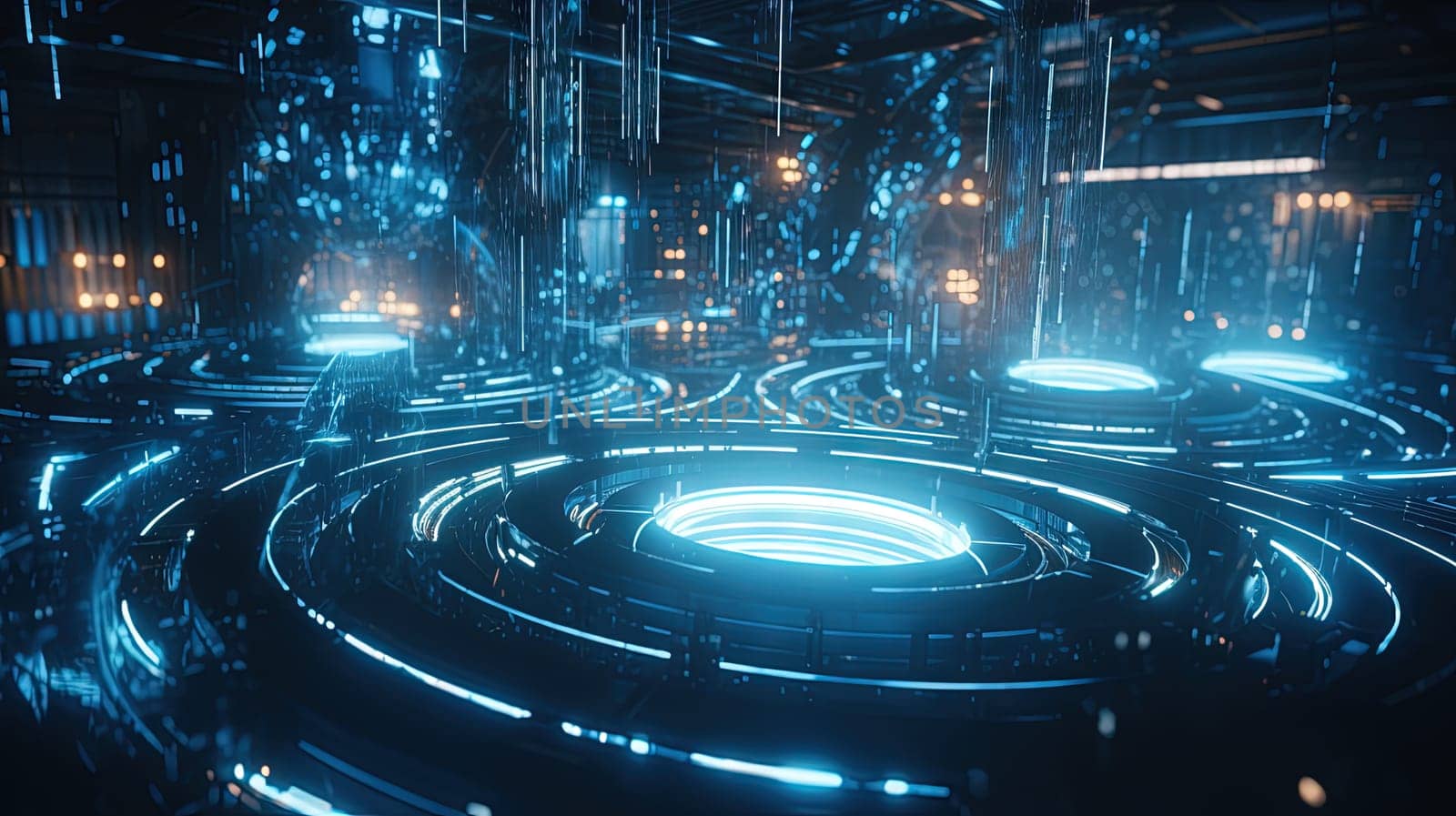 Technology abstract background with hud styled round interface elements in neon tech light. Generated AI