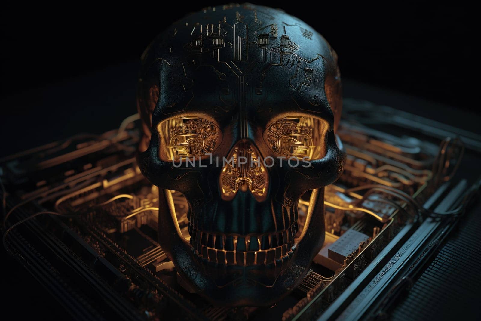 Realistic robot or cyborg skull with electric circuits and futuristic micro chips. Generated AI.
