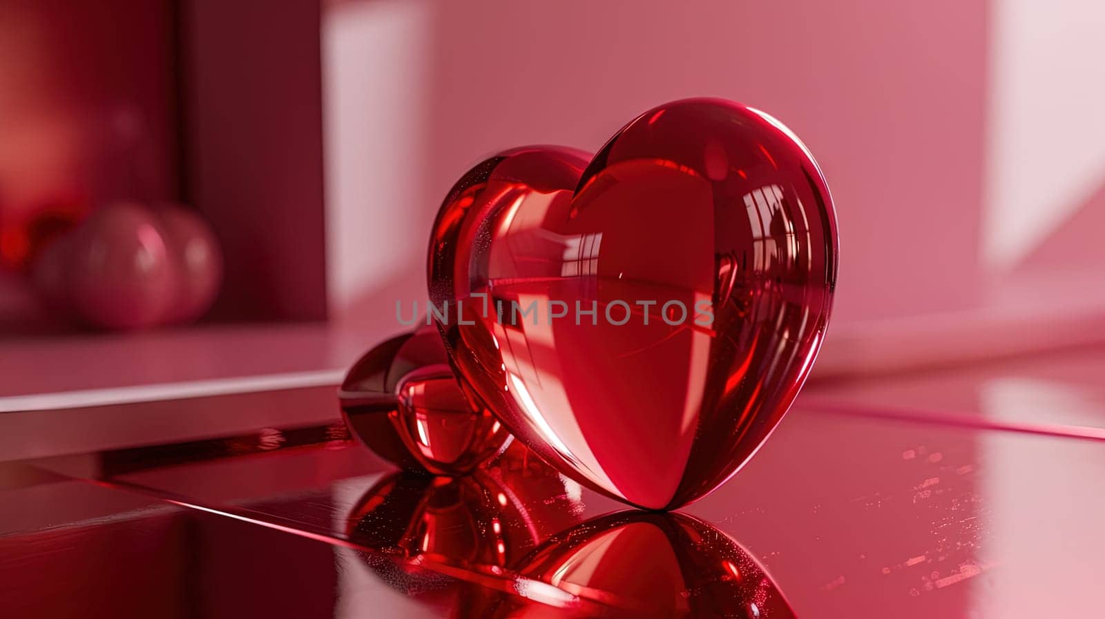 Red glass 3D heart with soft pink light reflections for Valentine's Day greetings. Generated AI.