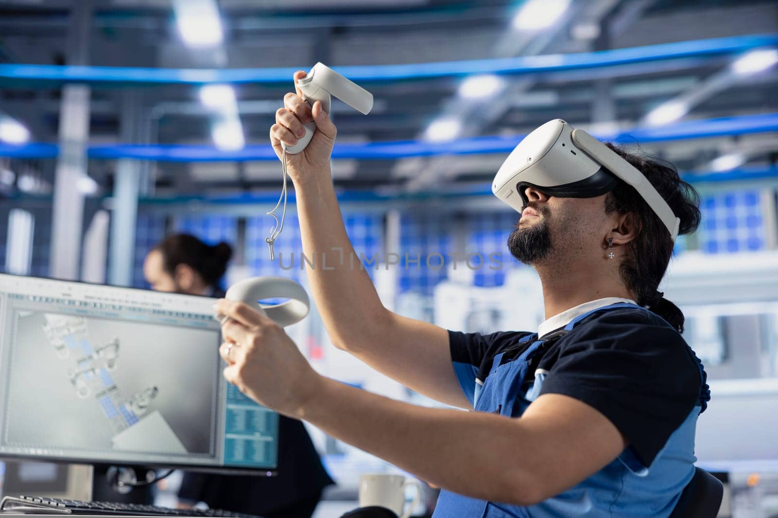 Photovoltaics factory professional using VR gear to do performance testing of solar panel designs. Staff member improving solar panel configurations for cost reduction using virtual reality technology