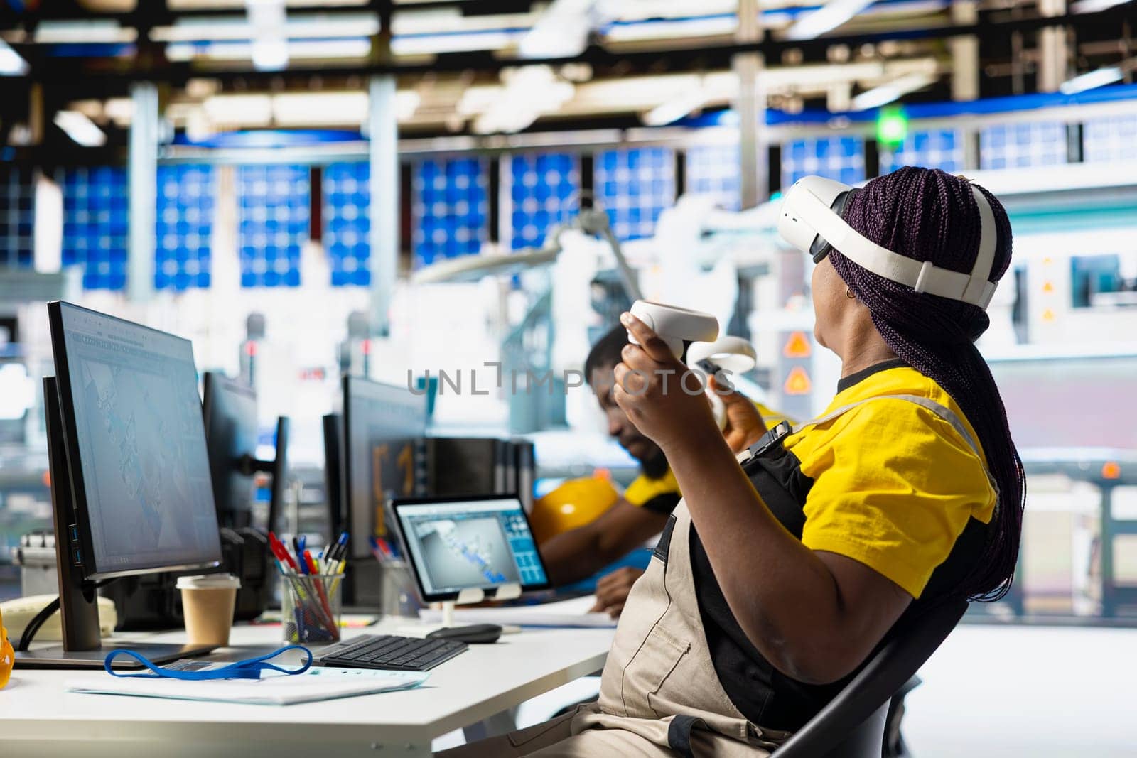 Solar panel plant technician using VR goggles to build generators for renewable energy, metaverse. Industrial factory engineer creates solar power using virtual reality gear, production.