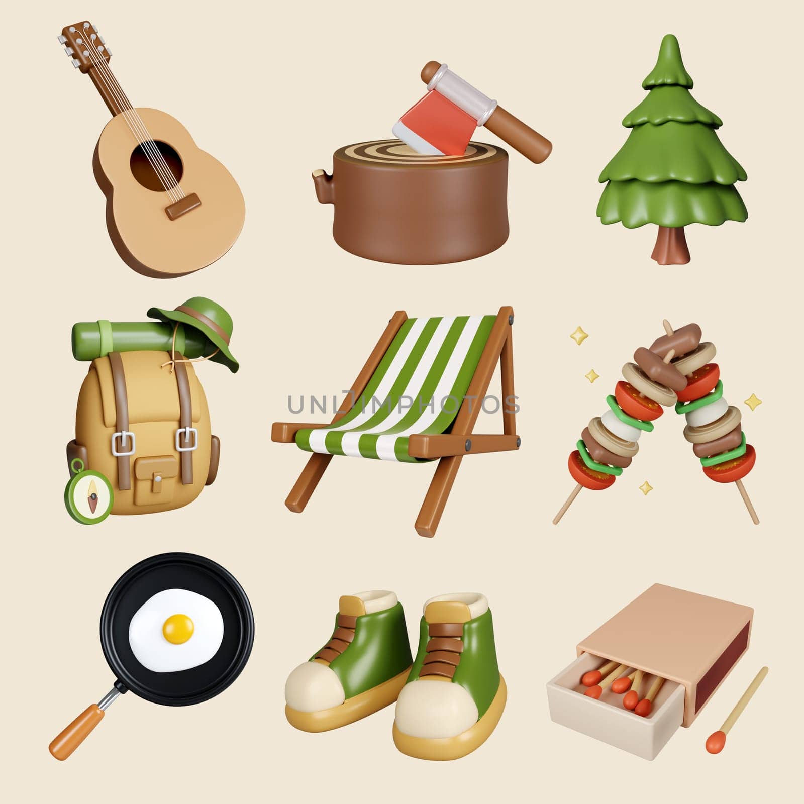 A visually appealing 3D render illustration depicting camping adventures with a guitar, campfire, camping chair, and delicious meals.