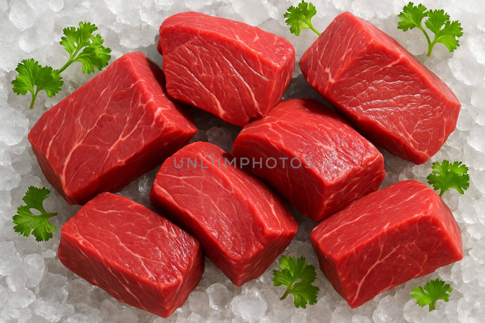 AI generated top view of fresh beef cuts on ice with herbs in daylight showing freshness cleanliness and appetizing texture with cold atmosphere and crystal ice highlights