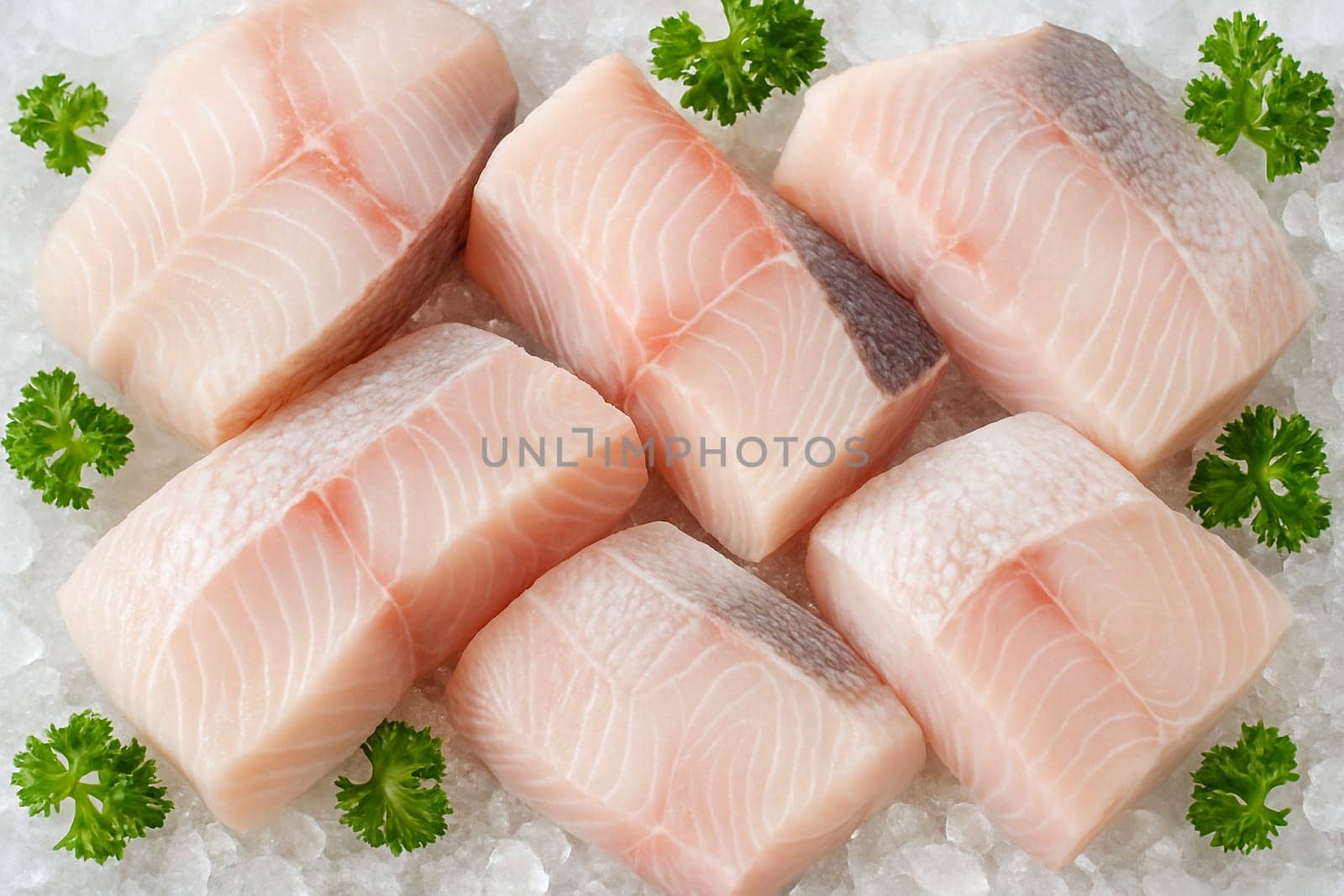 AI generated fresh snapper fillets on crushed ice captured from top view with bright daylight tone and garnished with green herbs highlighting freshness and culinary appeal
