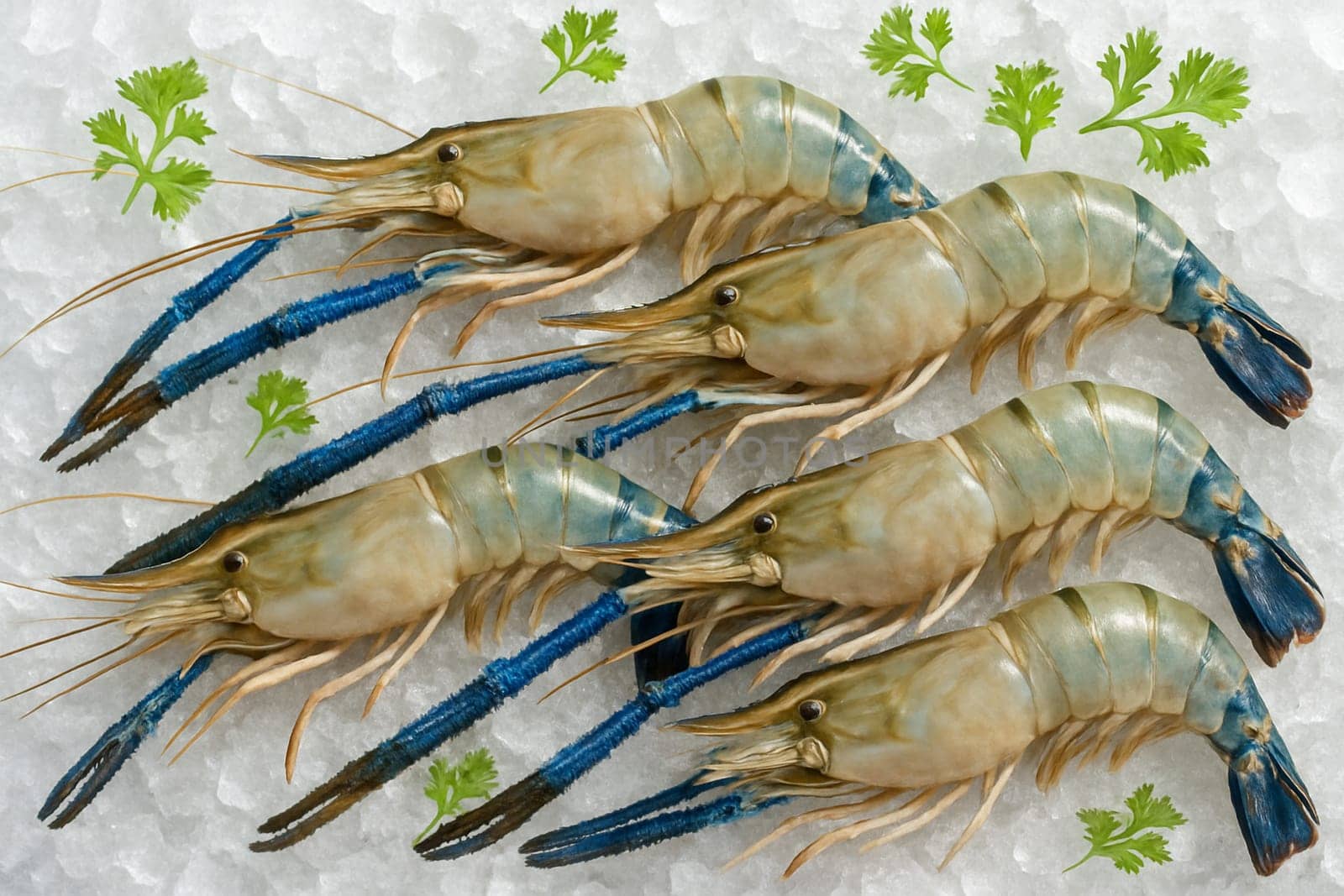 AI generated top view of raw giant river prawns with blue claws on crushed ice decorated with green herbs under bright daylight showing freshness and natural seafood appeal