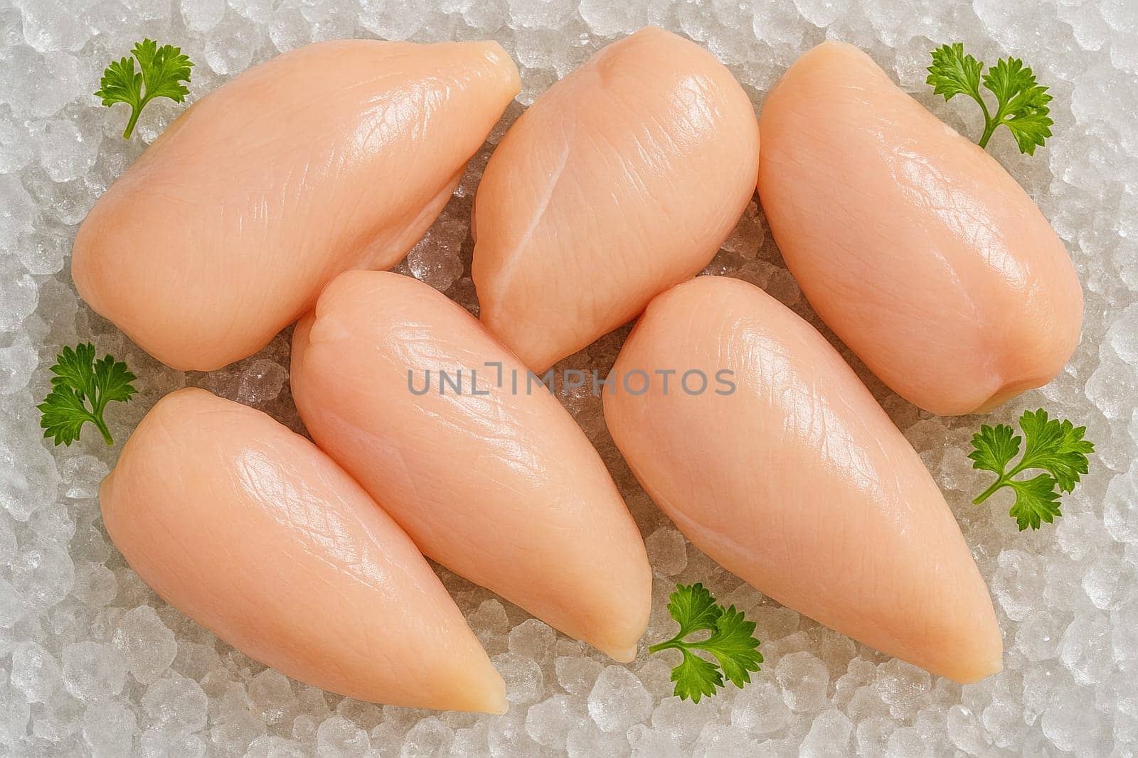 AI generated top view of raw chicken fillets on crushed ice with green herbs in bright daylight showcasing freshness cleanliness tenderness and inviting texture in a cool natural setup