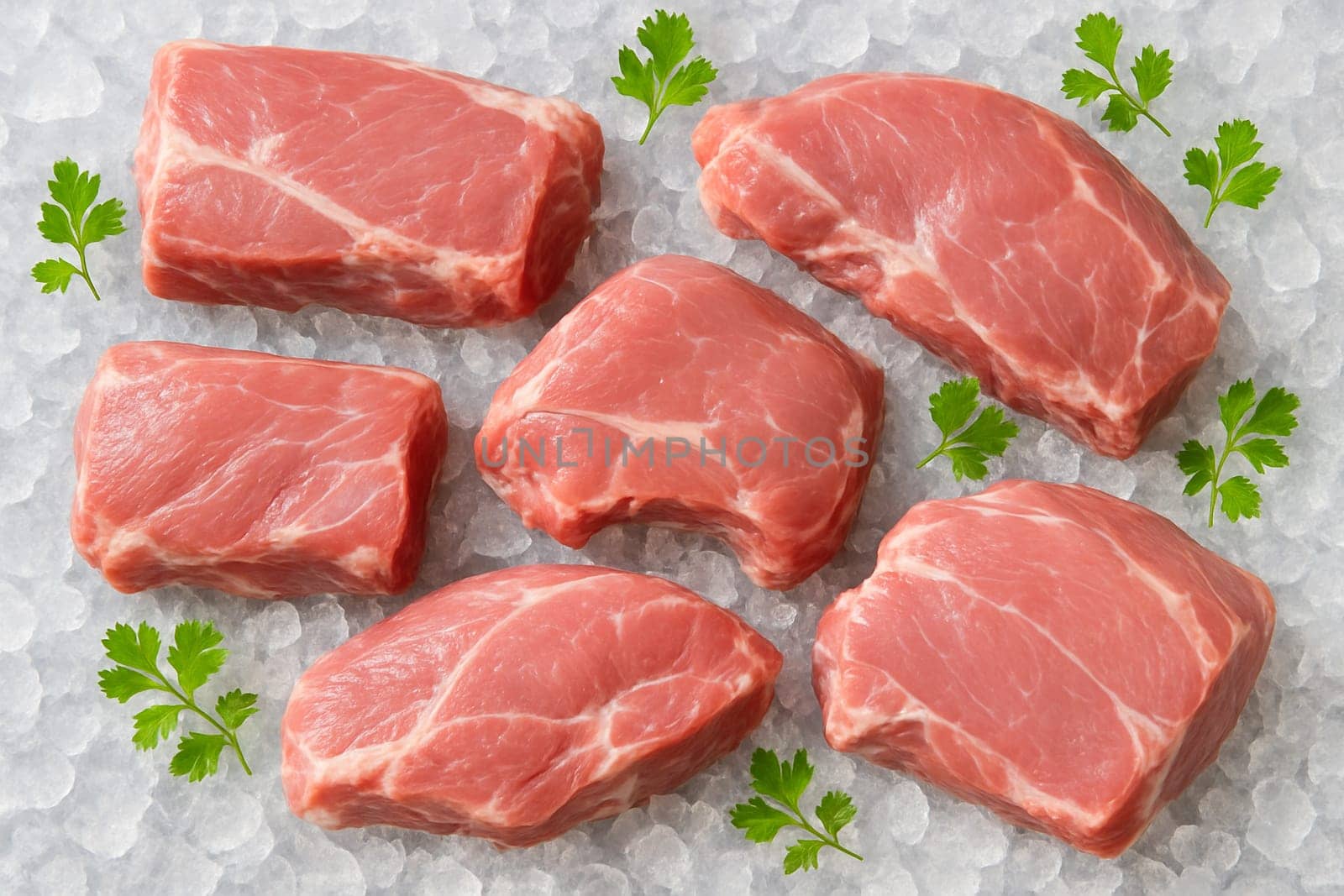 AI generated top view of raw goat meat cuts placed on crushed ice with green herbs in bright daylight capturing freshness natural appeal clean texture and appetizing cool presentation