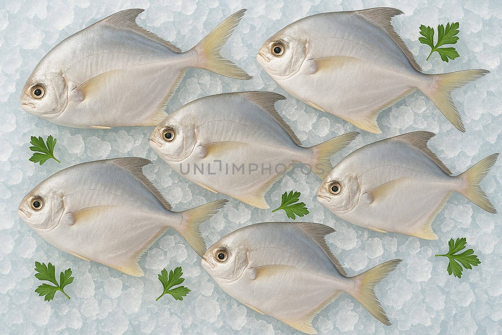 AI generated clean whole raw pomfret fish on crushed ice top view with bright daylight capturing freshness clarity coolness and culinary quality enhanced with scattered green herbs for appeal