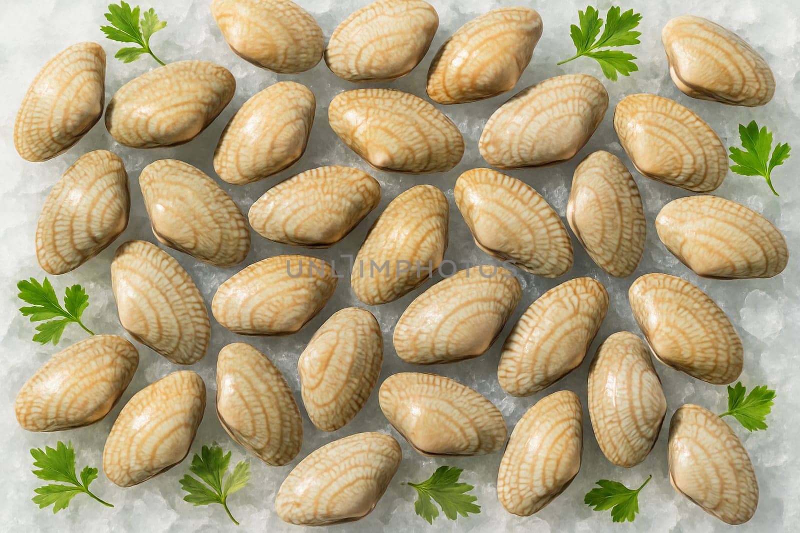 AI generated top view of fresh clams on crushed ice with scattered green herbs in bright daylight showing freshness cleanliness and natural seafood appeal for culinary or market themes