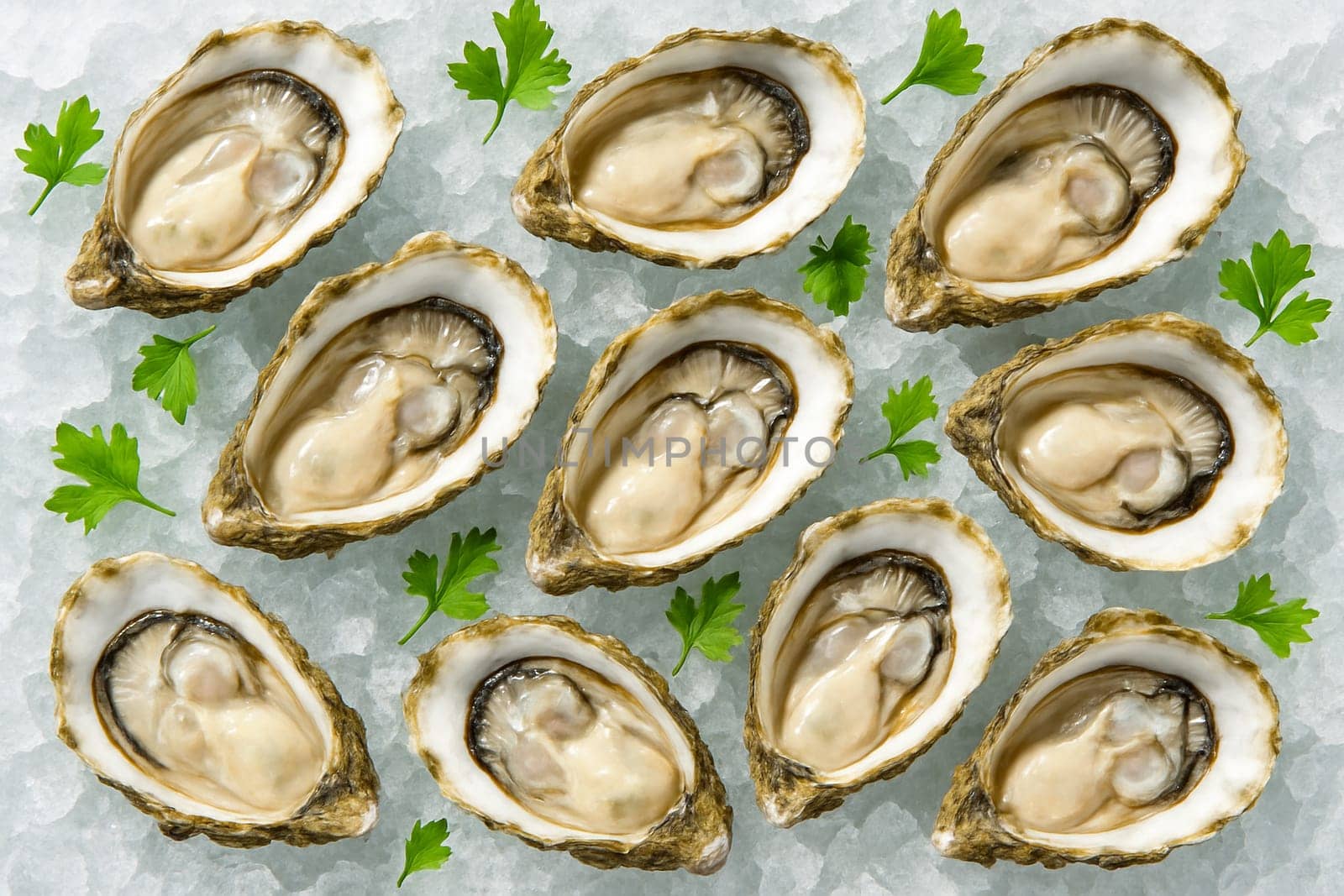 AI generated top view of fresh oysters on crushed ice with green herbs in bright daylight reflecting freshness cleanliness and the gourmet appeal of premium seafood